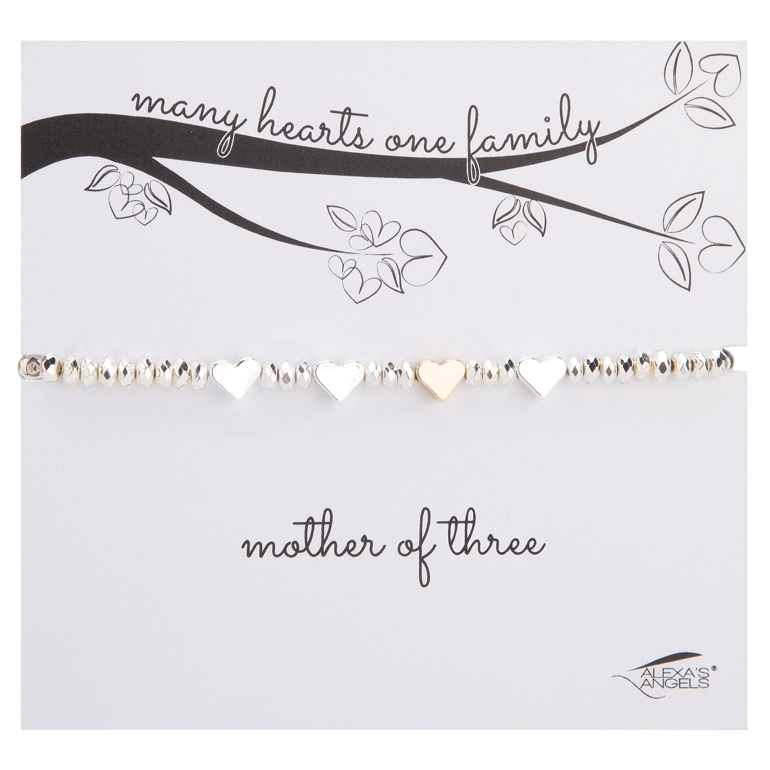 Bracelet with heart-shaped charms on a card with 'many hearts one family, mother of three' text.