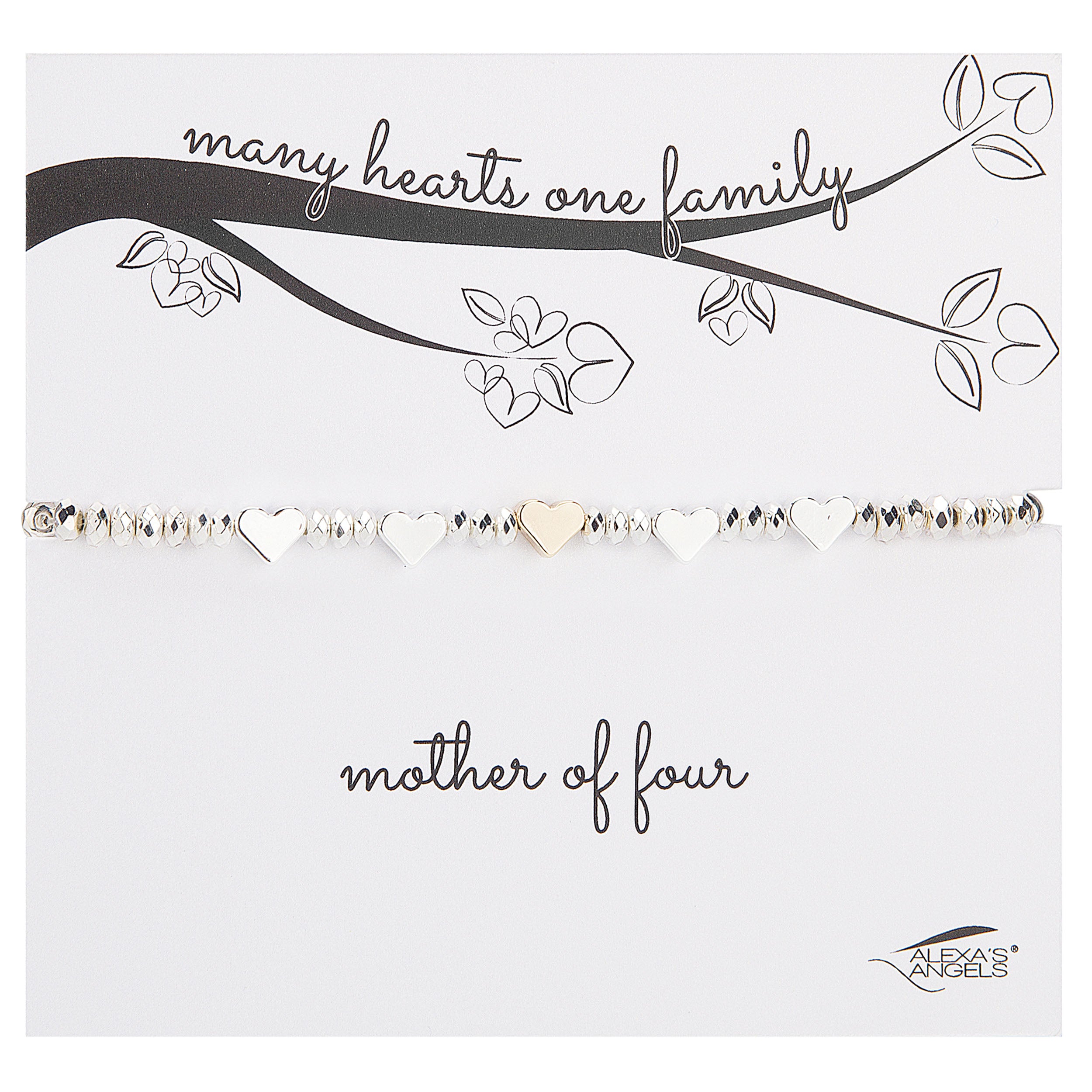 Necklace with heart charms on a card with decorative text and branch design.