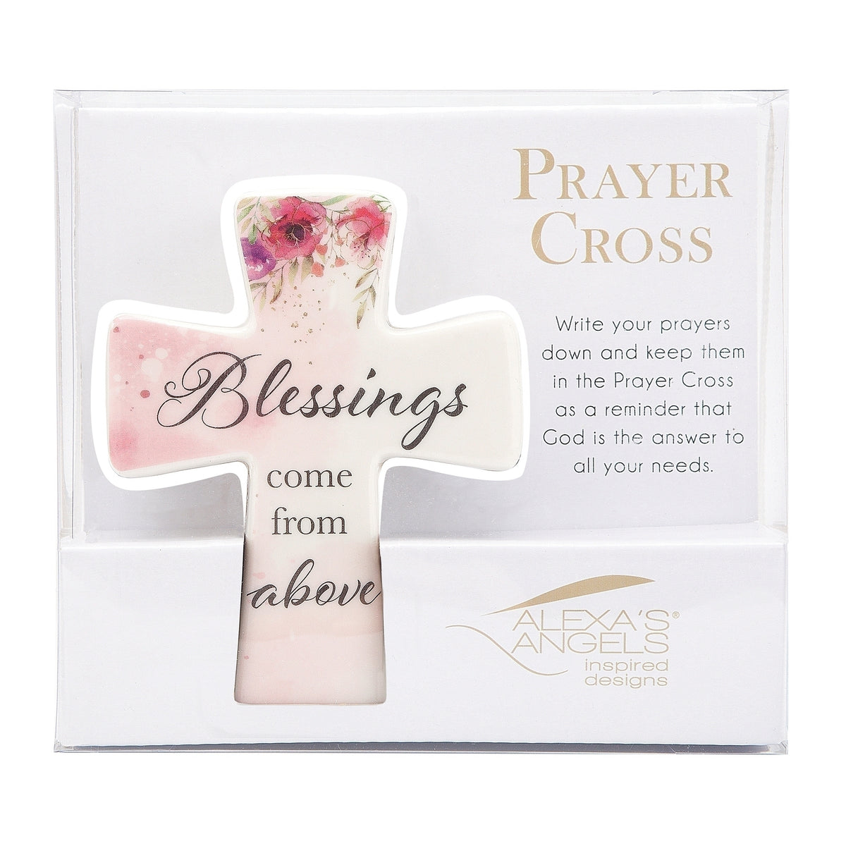 Alexa’s Angels floral “Blessings Come from Above” cross in a gift box labeled “Prayer Cross,” with an accompanying message.