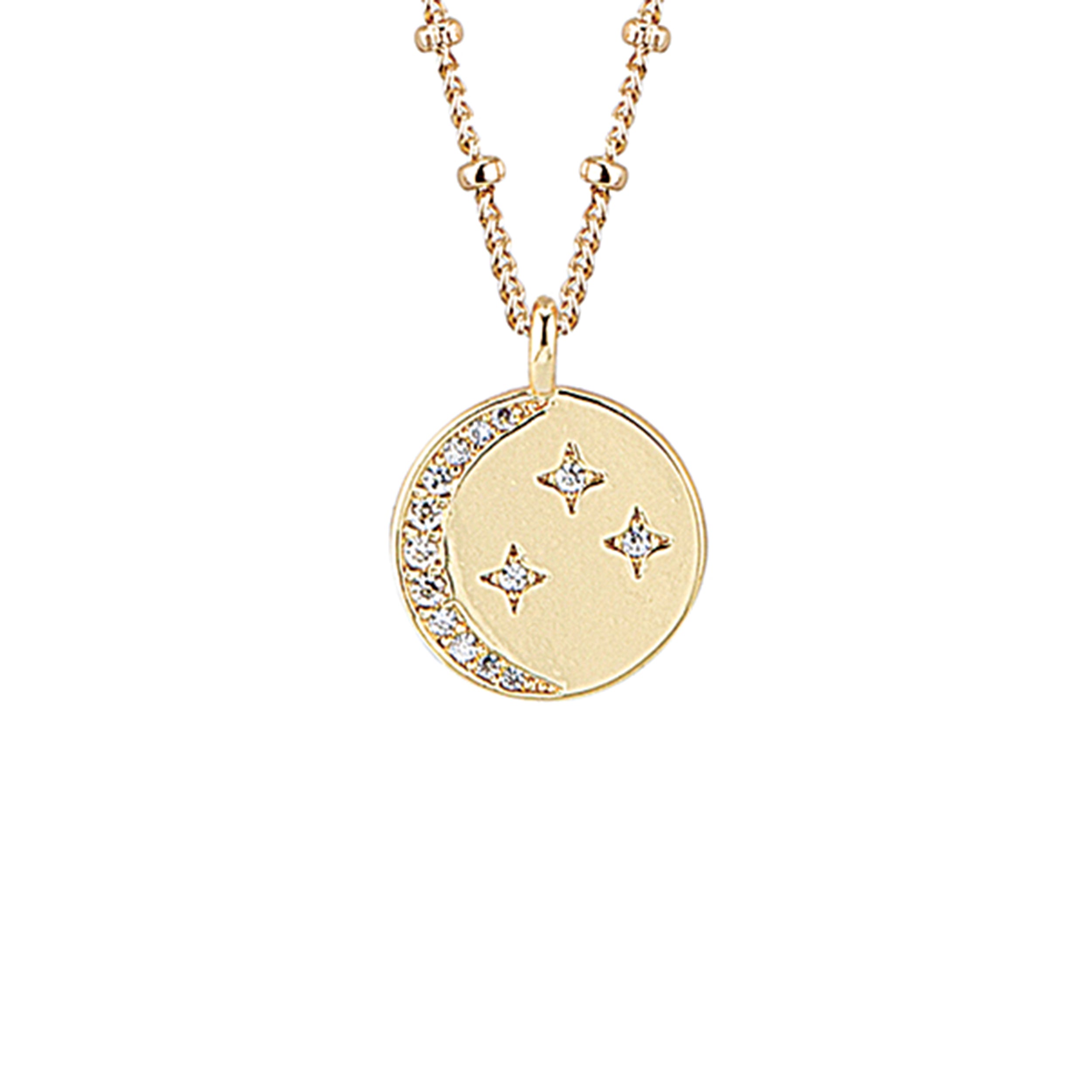Gold necklace with a circular pendant featuring star designs on a white background