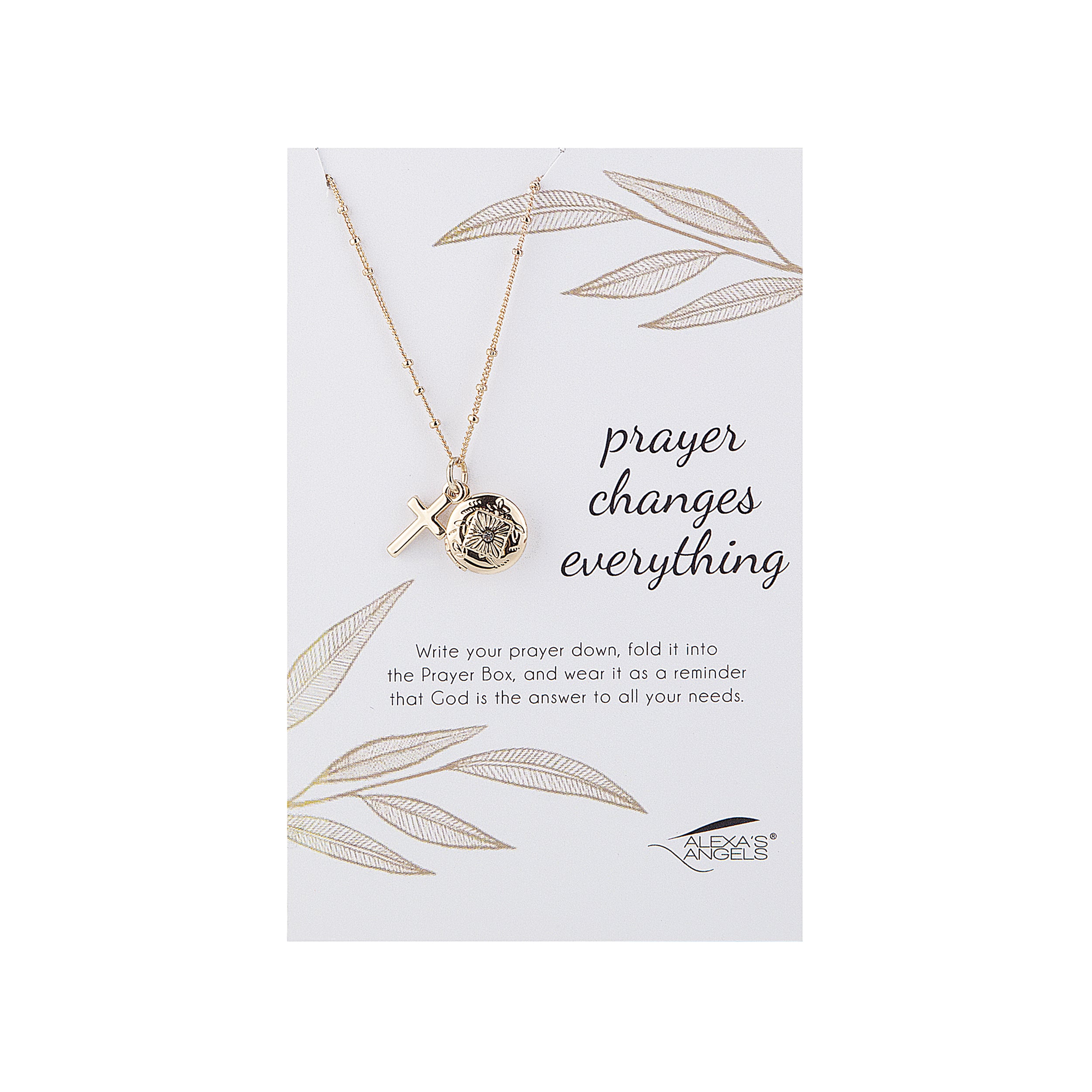 Gold necklace with prayer box pendant on a white card with leaf designs and text.