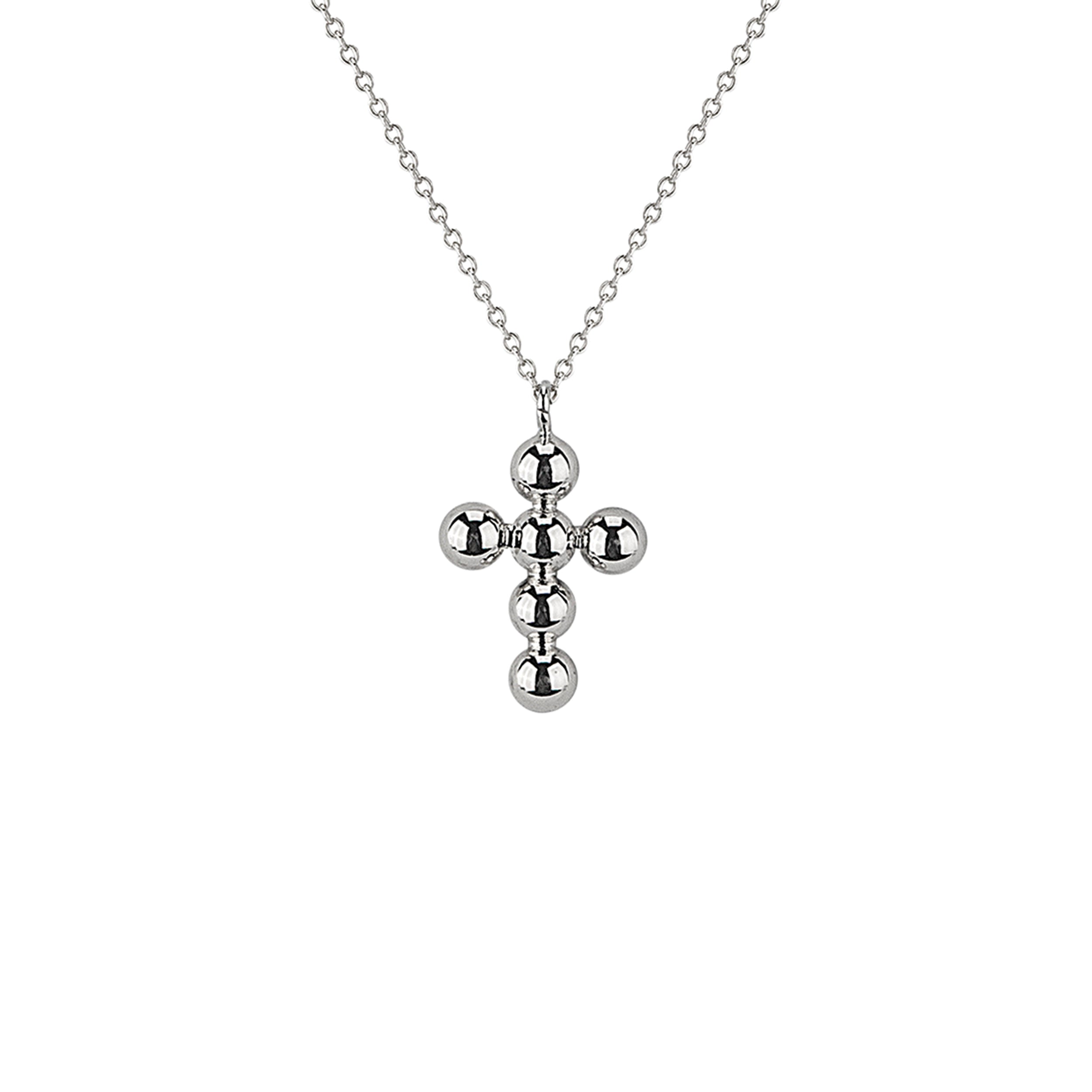 Silver cross pendant necklace on a white background