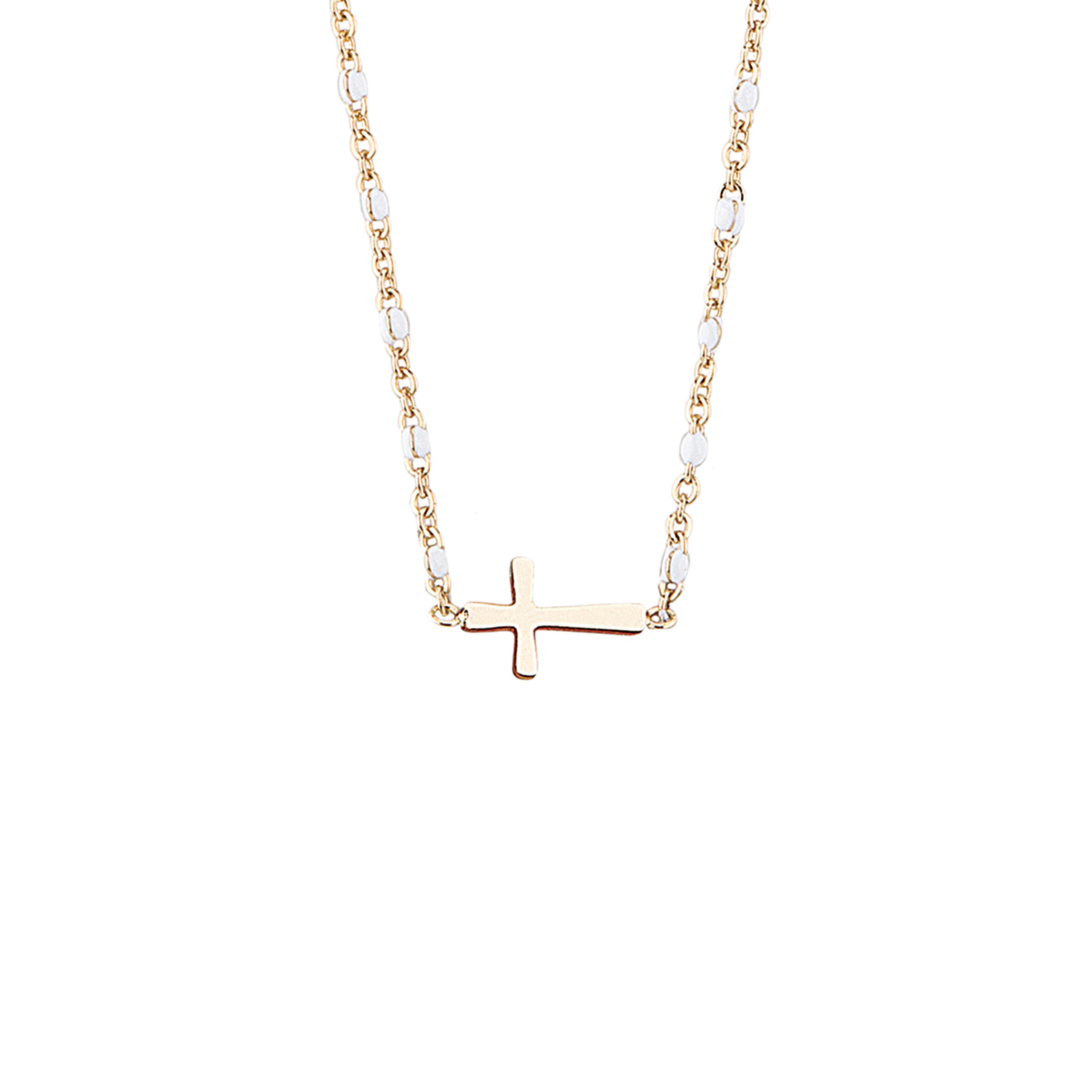 Gold necklace with a small cross pendant on a white background