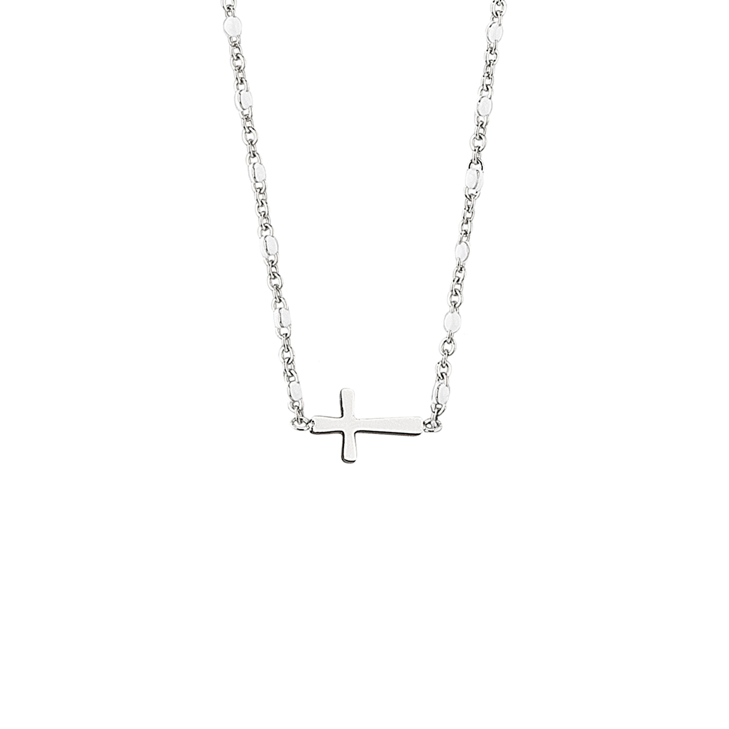 Silver cross necklace on a white background