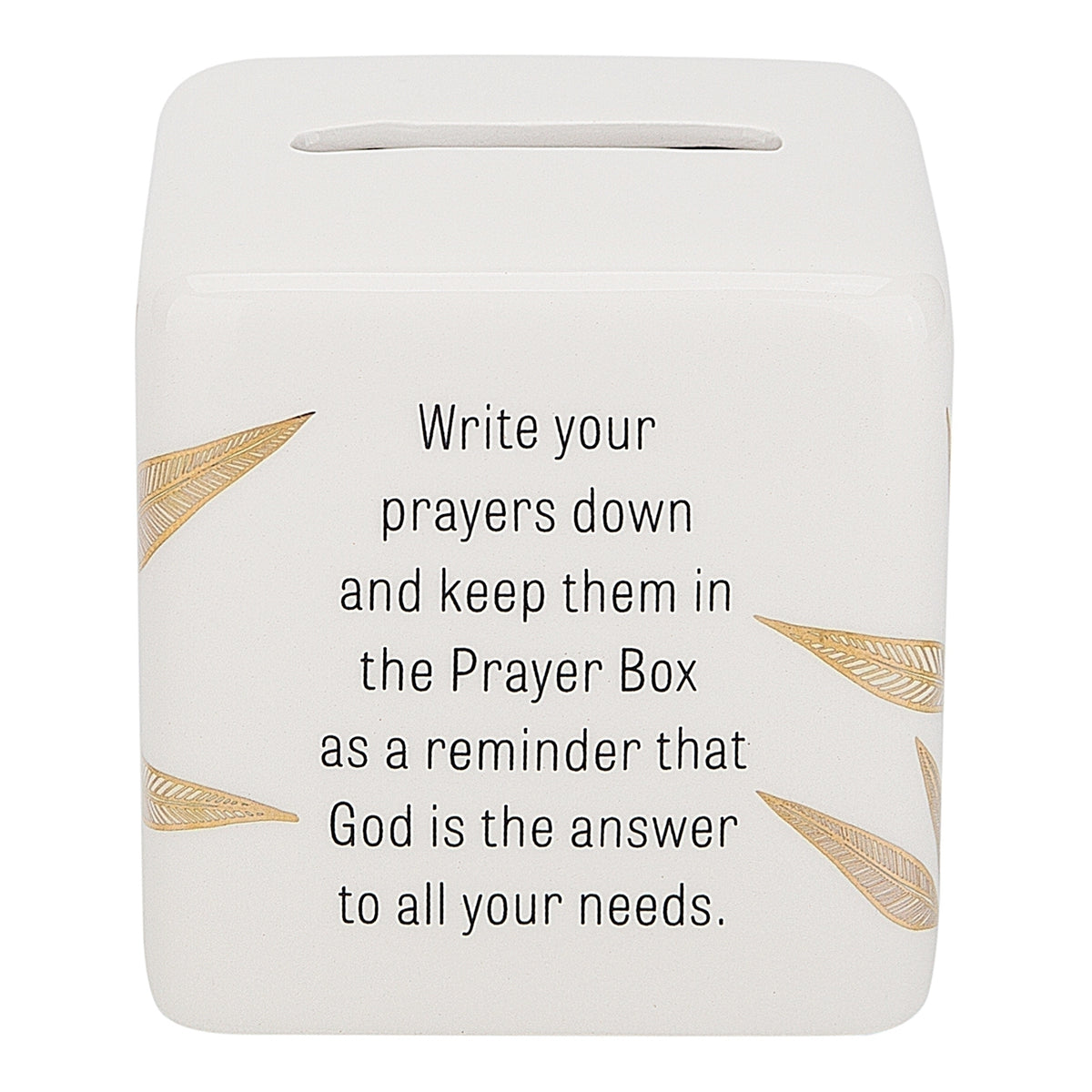 Rear view of prayer box showing leaf accents and printed instructions for placing written prayers inside.