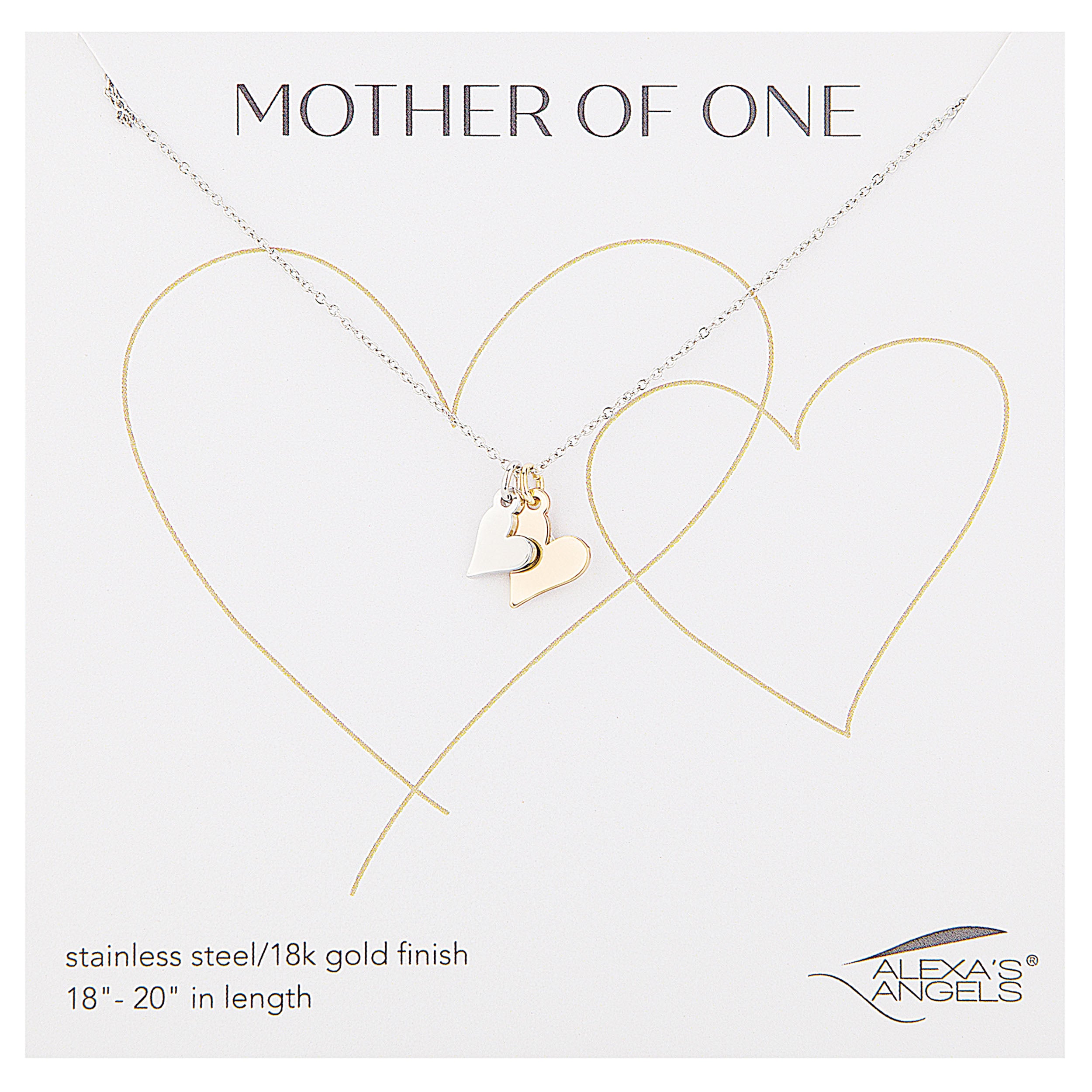 Necklace with heart and baby shoe charm on a 'Mother of One' card by Alexa's Angels.