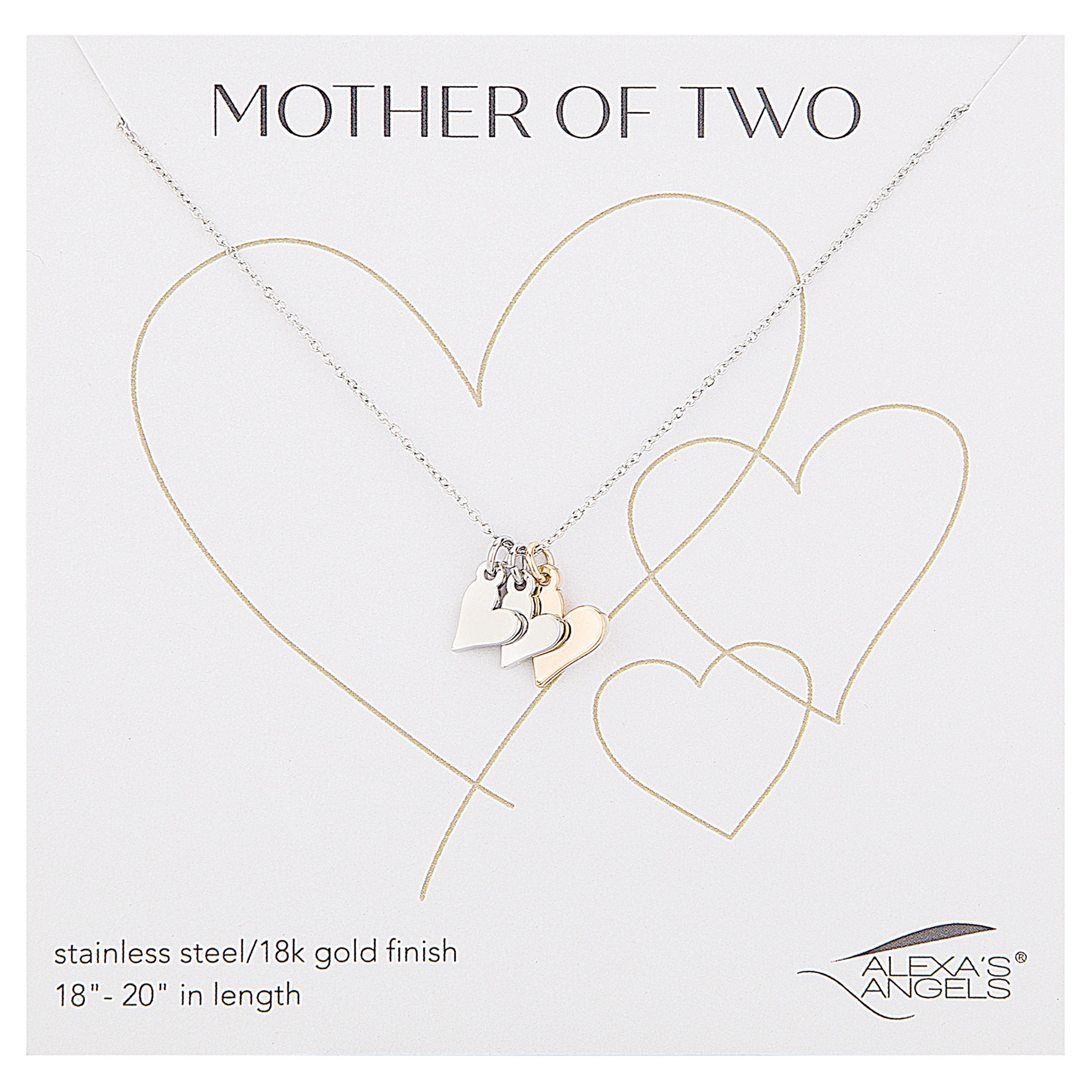 Necklace with heart pendants on a white background, featuring 'Mother of Two' text.