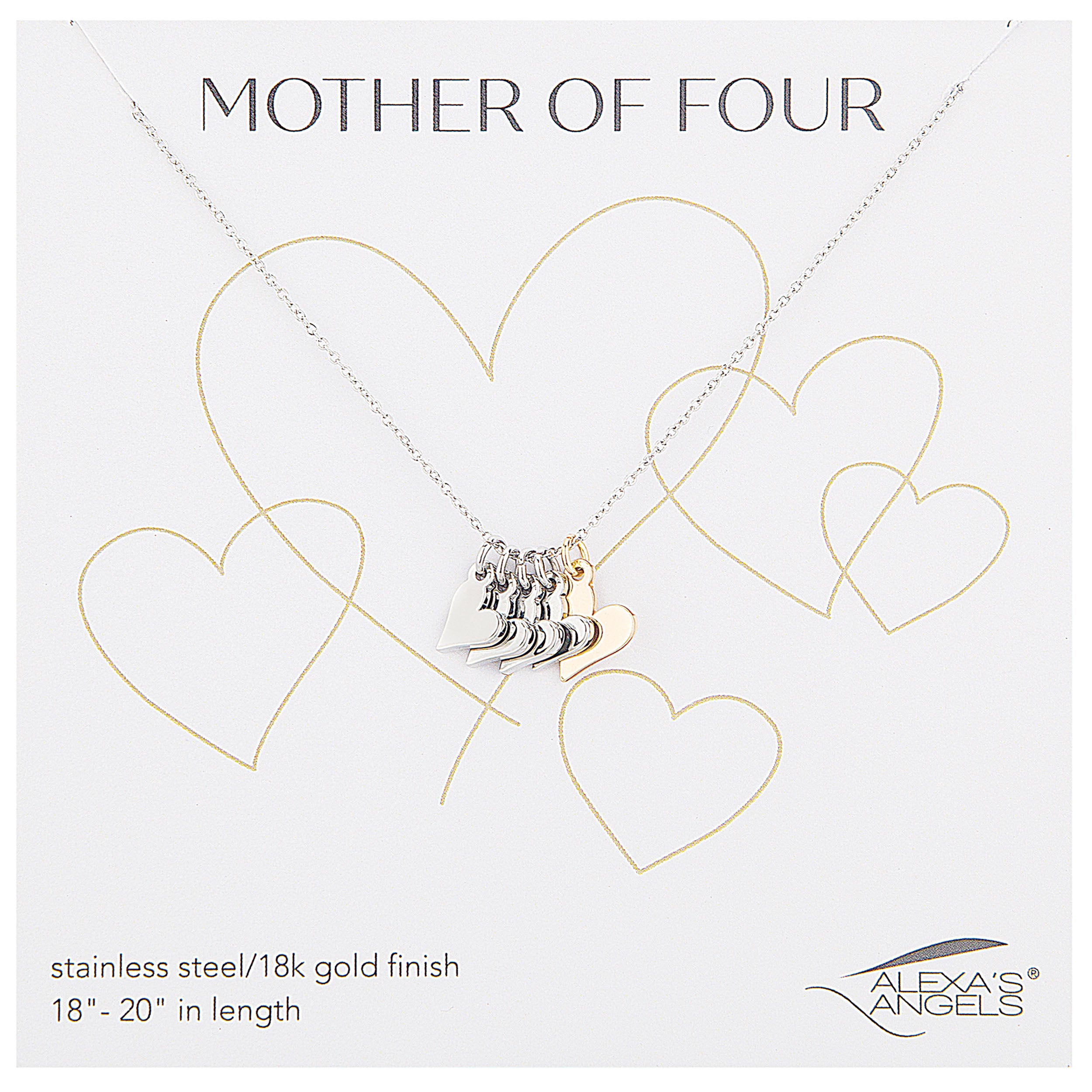 Necklace with a ship pendant on a card with heart designs and 'Mother of Four' text, brand 'Alexa's Angels' visible.