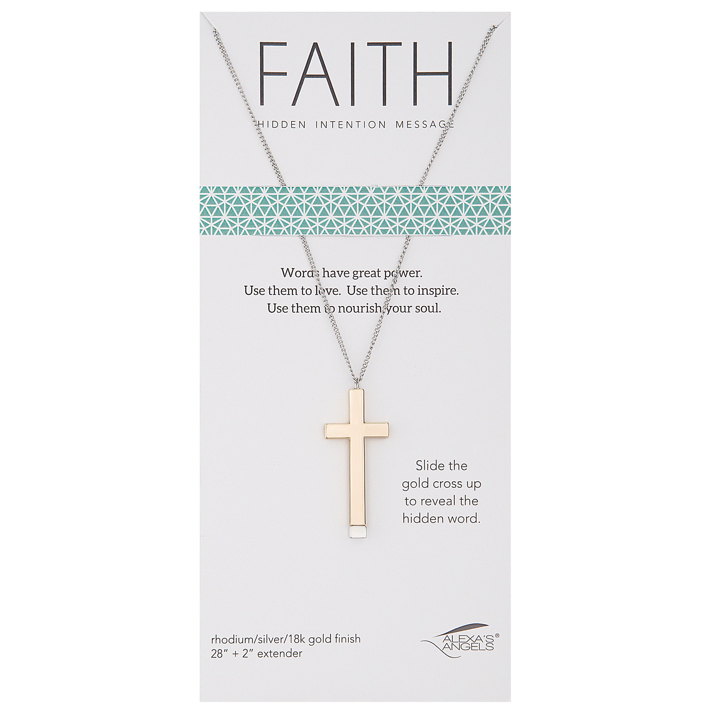 Necklace with cross pendant on a packaging card with 'FAITH' message