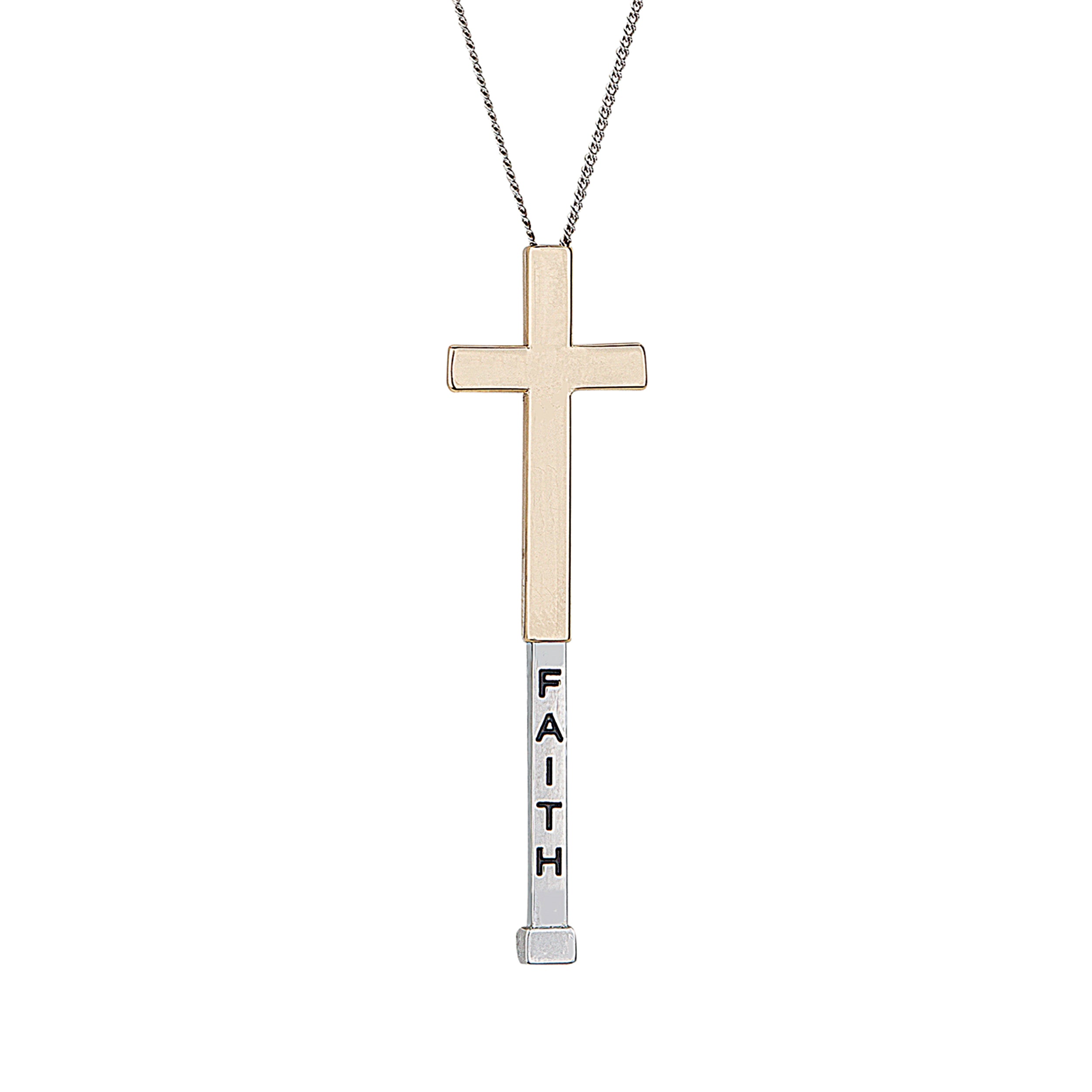 Necklace with a cross pendant and 'FAITH' tag on a white background