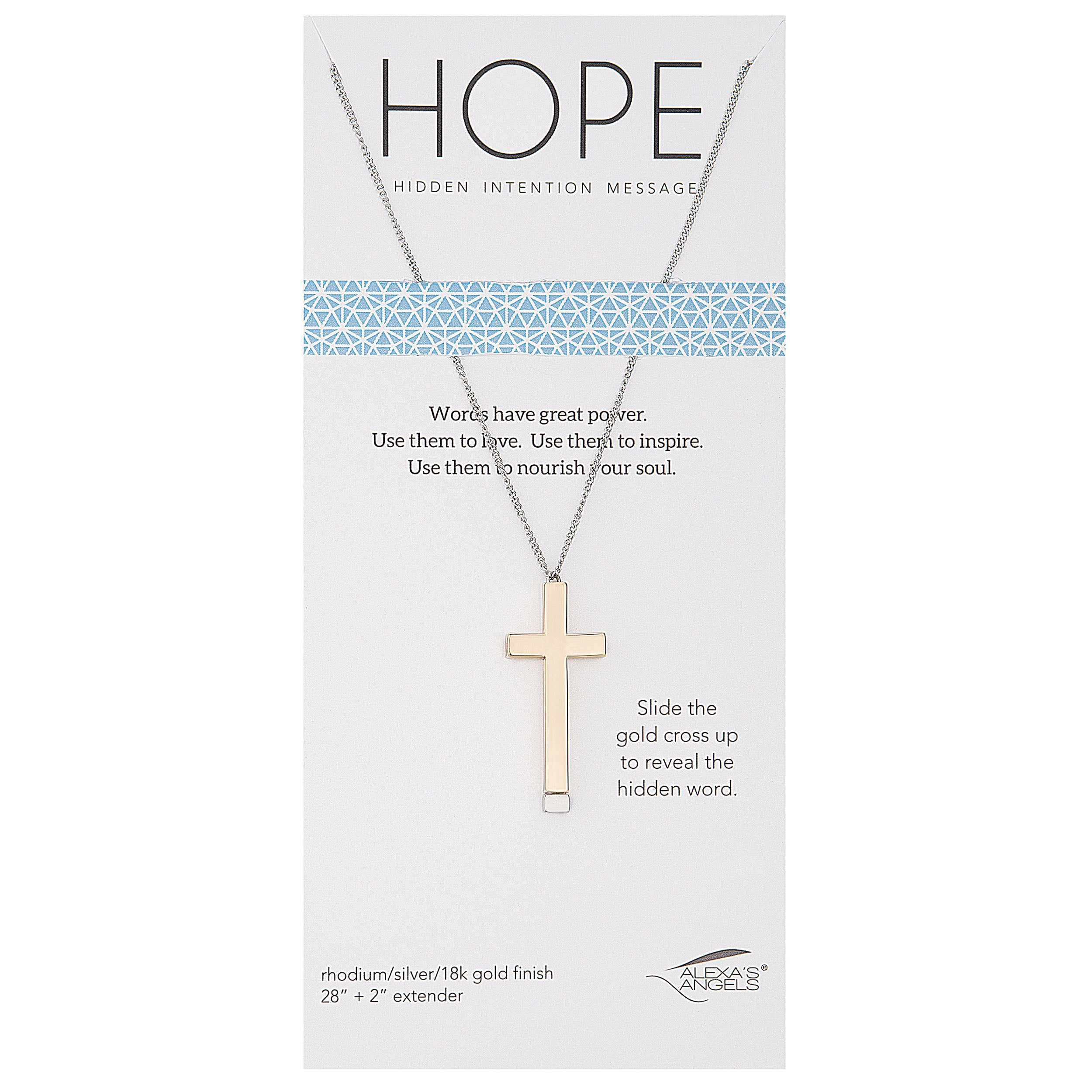 Necklace with gold cross pendant on a packaging card with 'HOPE' message.