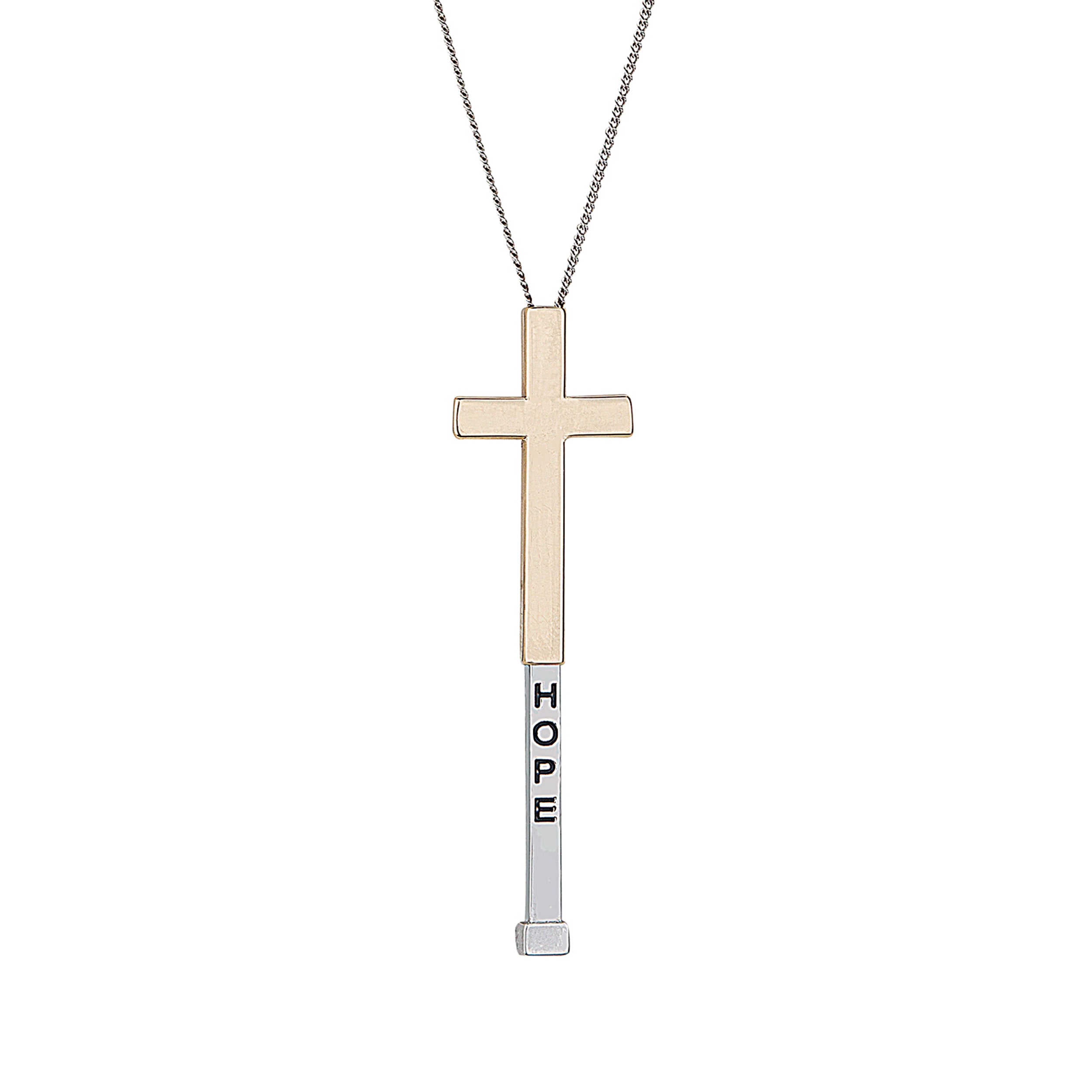 Cross necklace with a bar pendant displaying the word 'HOPE' on a white background