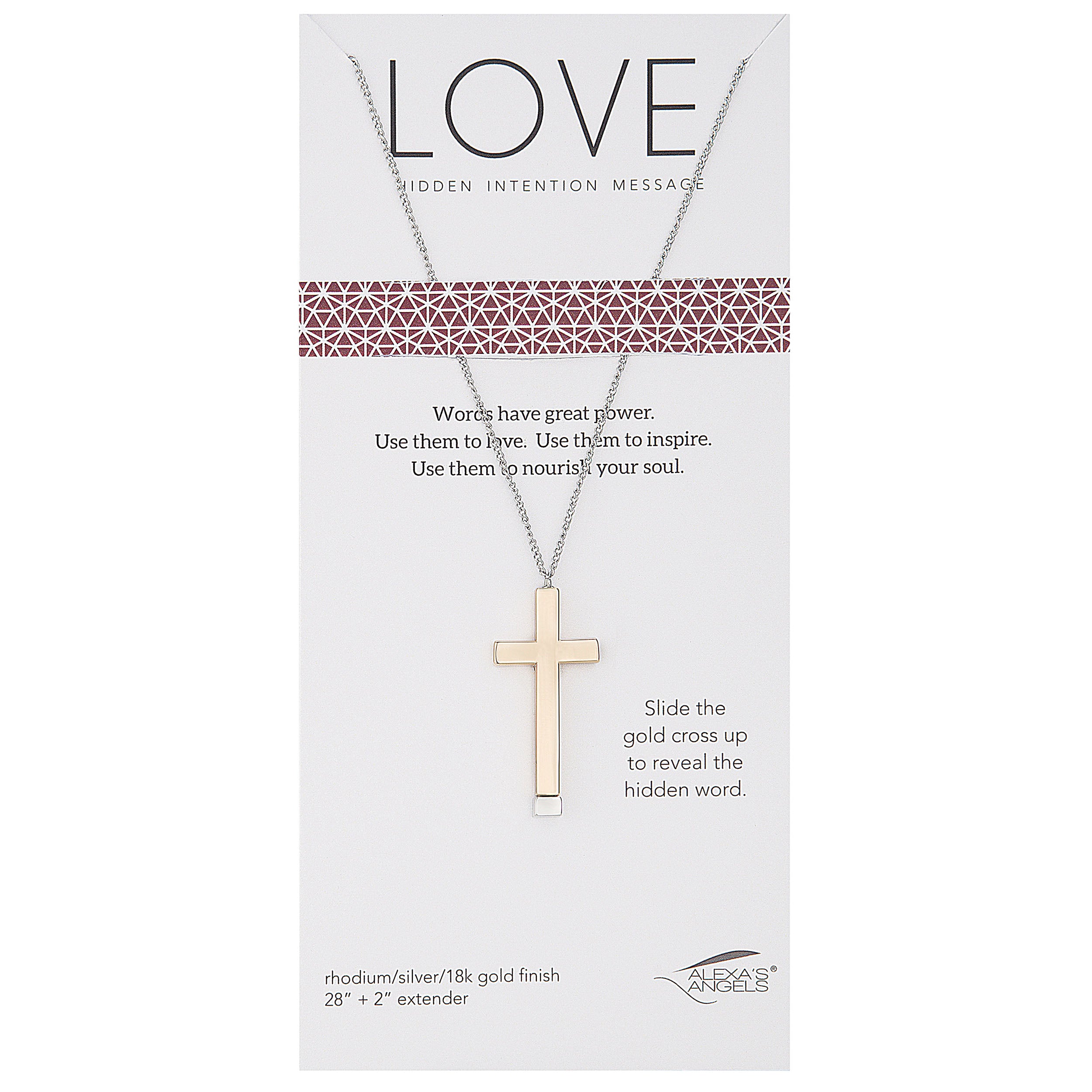 Necklace with gold cross on packaging with 'LOVE' message
