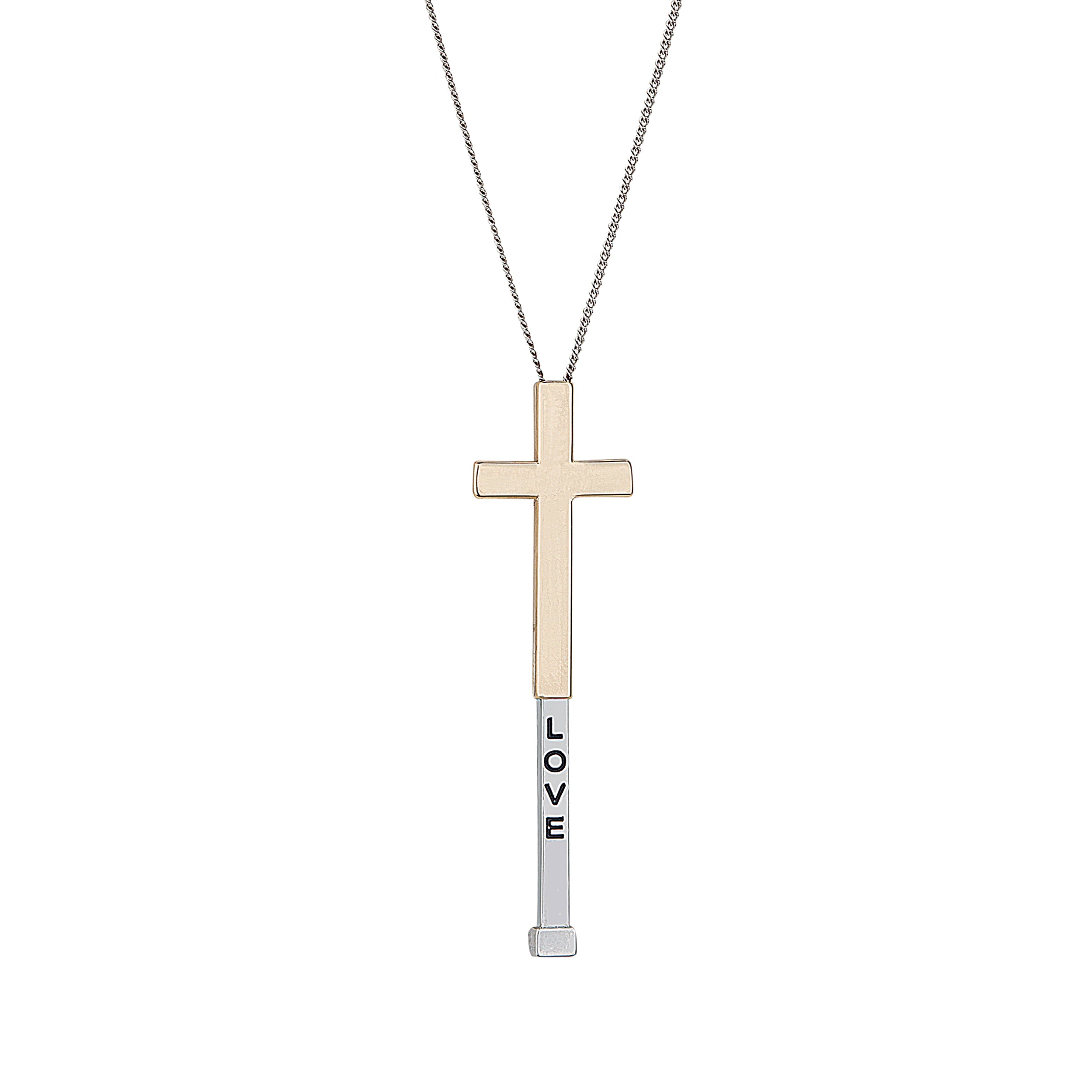 Necklace with a cross pendant and 'LOVE' bar on a white background