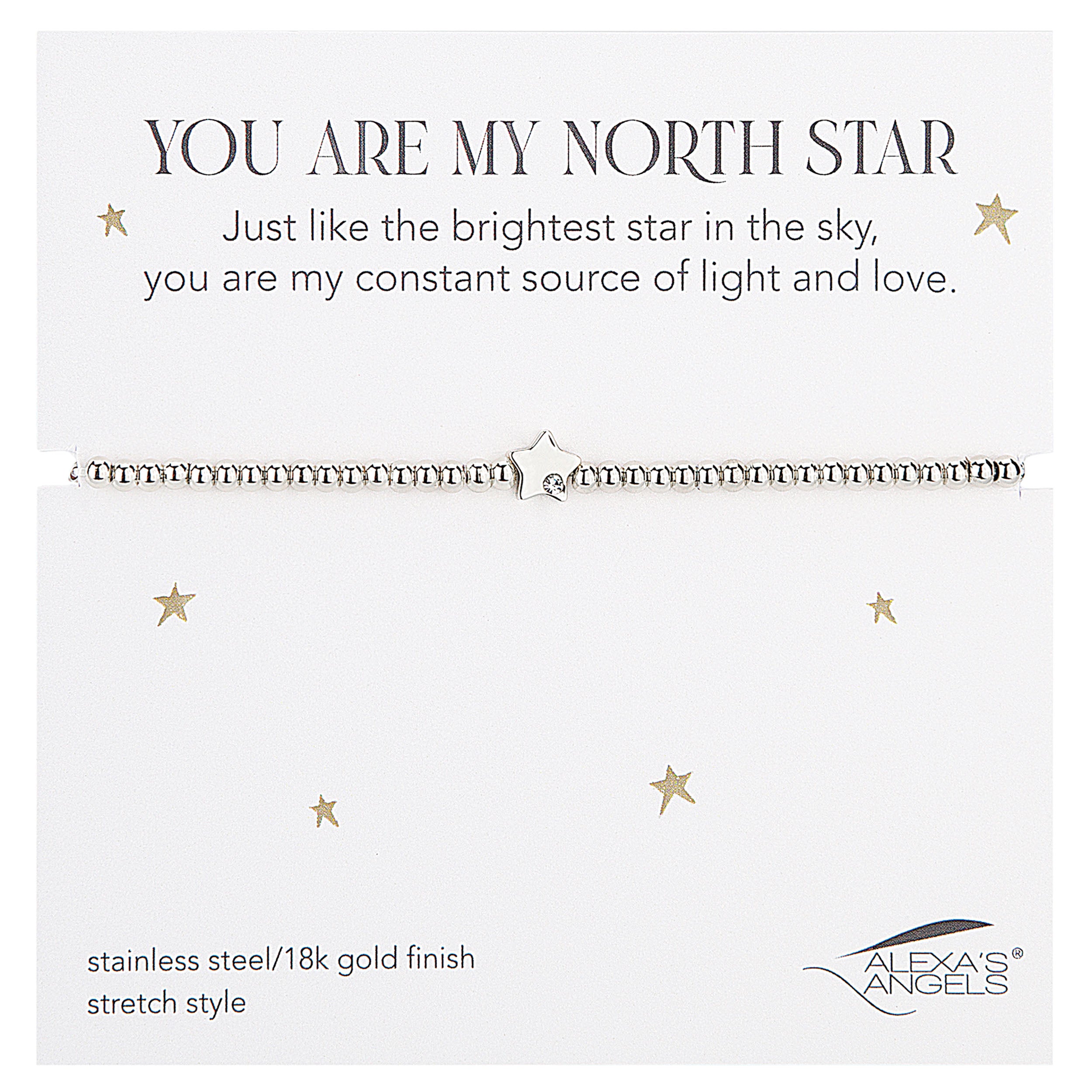 Jewelry packaging with 'You are my north star' message and product details.