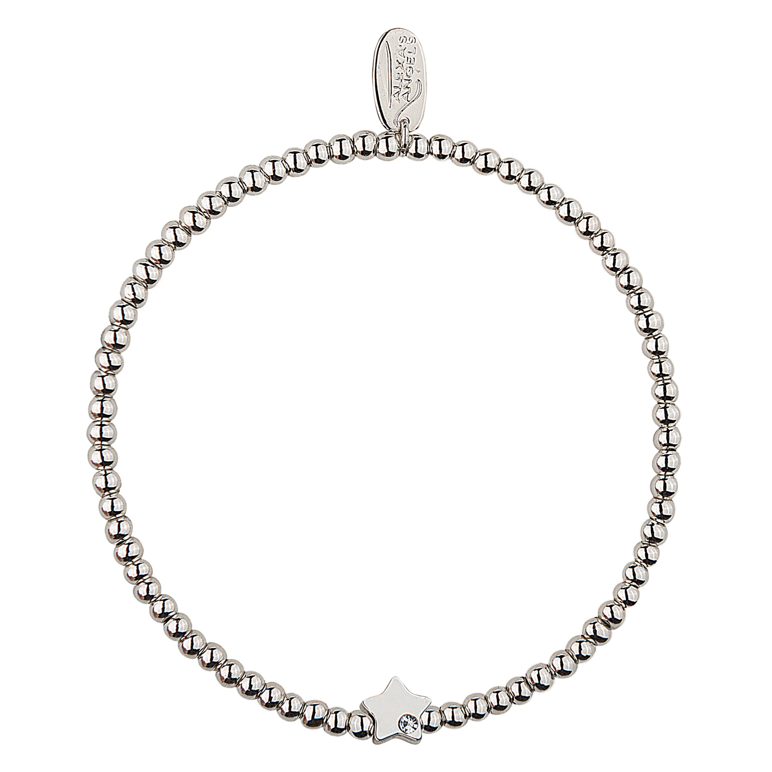 Silver beaded bracelet with a star charm on a white background