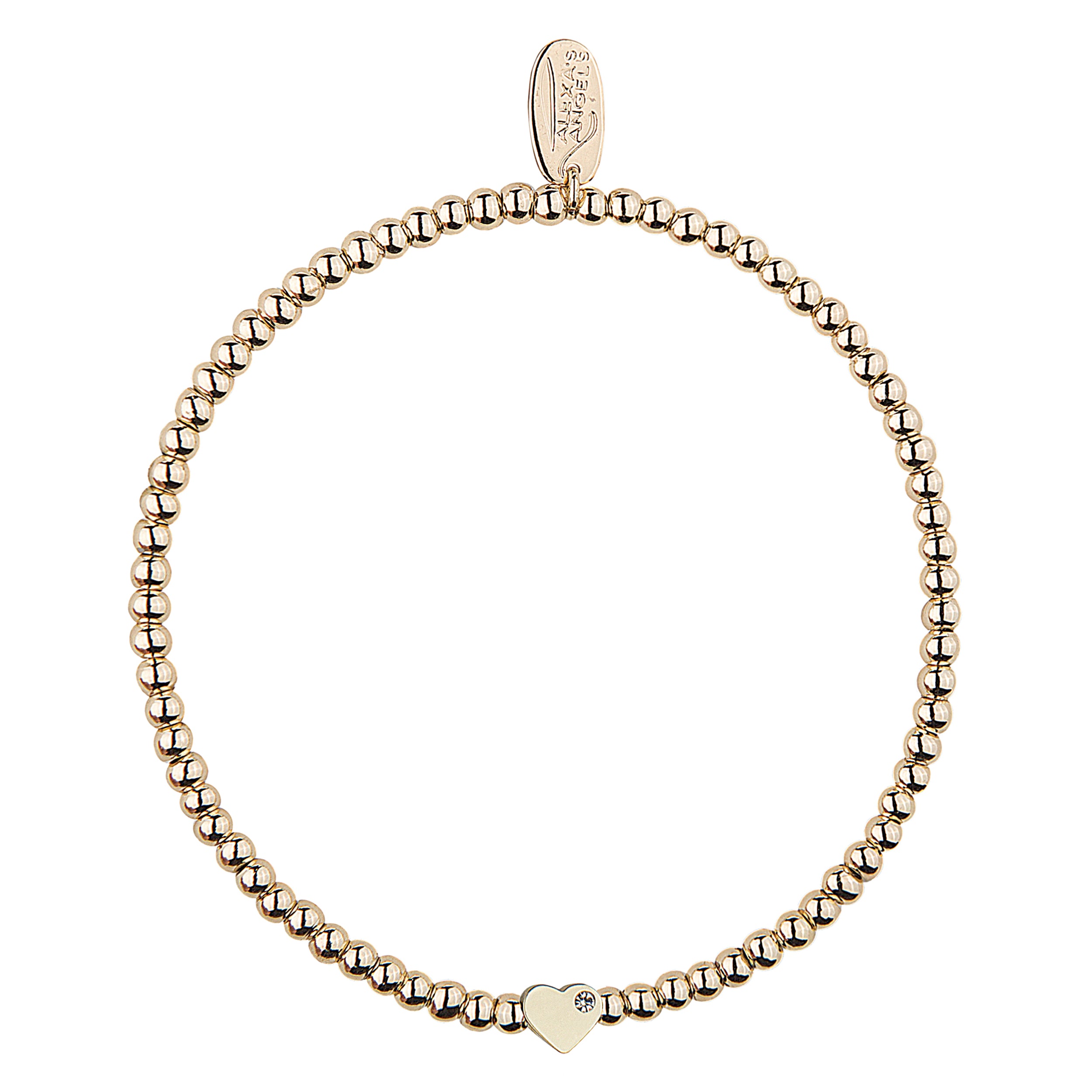Gold beaded bracelet with a heart charm on a white background