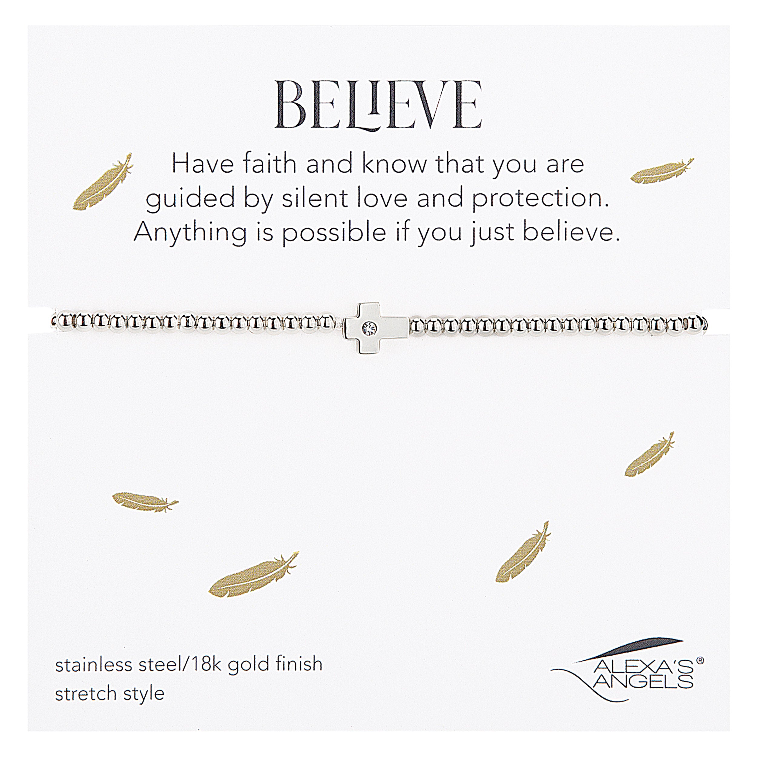 Jewelry stretch with motivational quote and feather designs on a white background