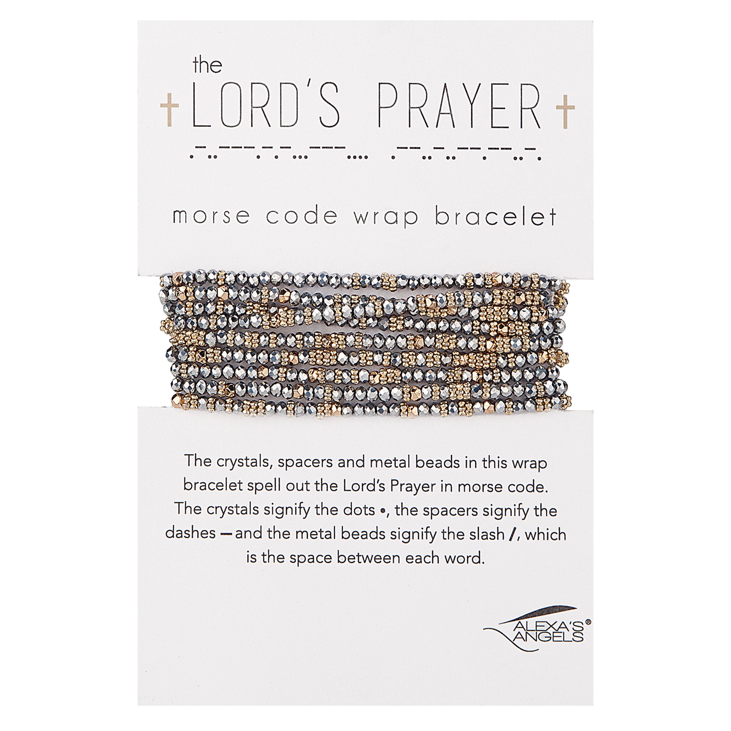 Morse code wrap bracelet with crystals, spacers, and metal beads on a white card with text.