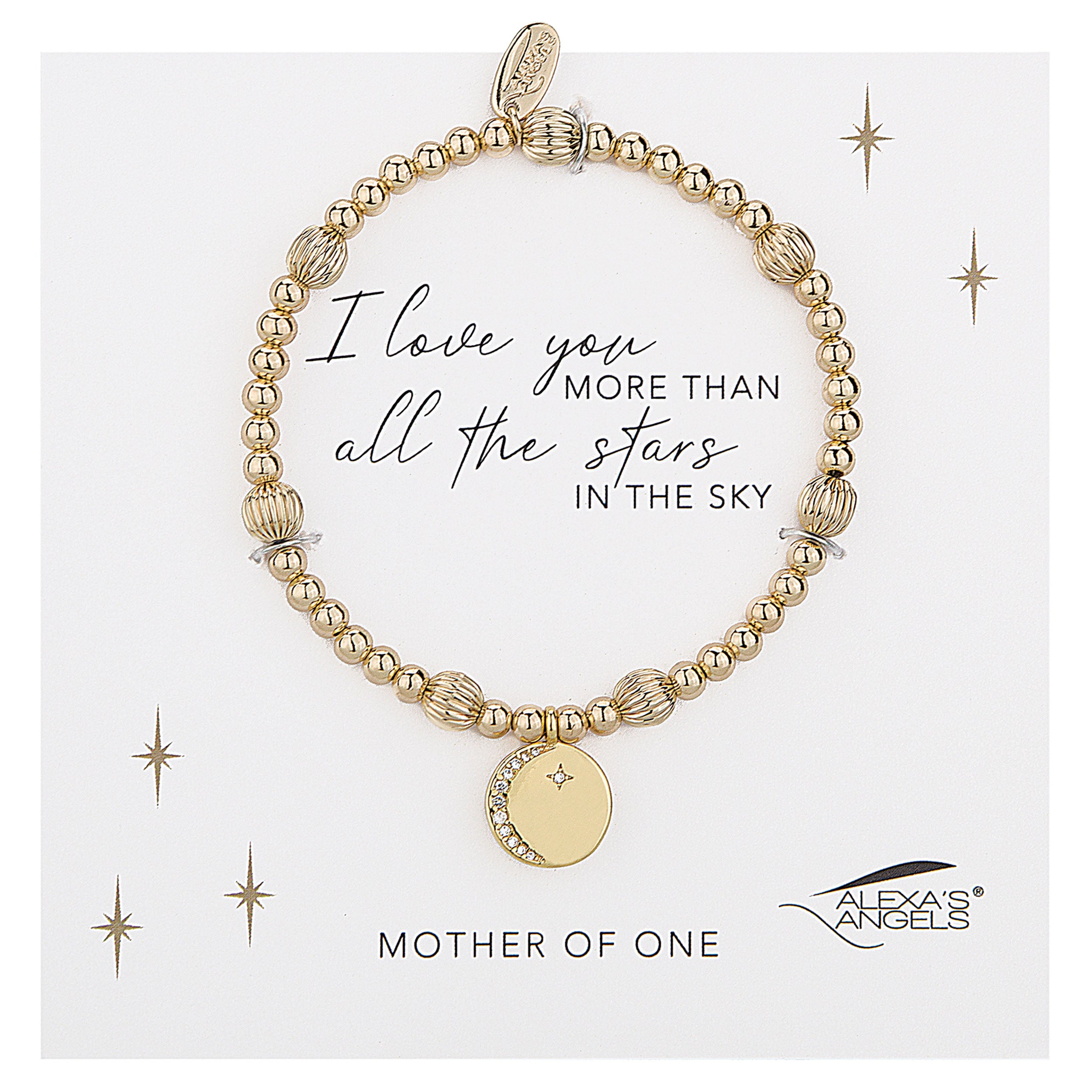 Gold bracelet with 'I love you more than all the stars in the sky' quote on a white background