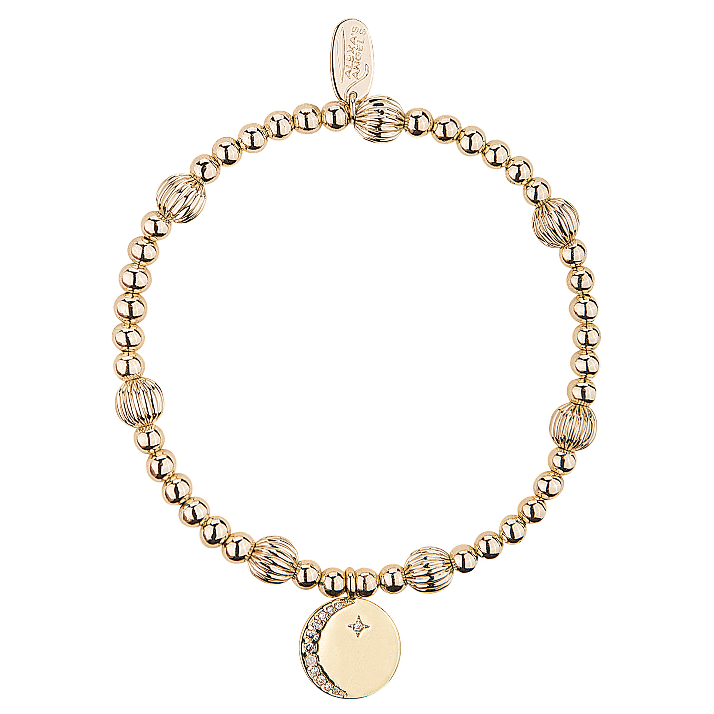 Gold beaded bracelet with a round charm on a white background
