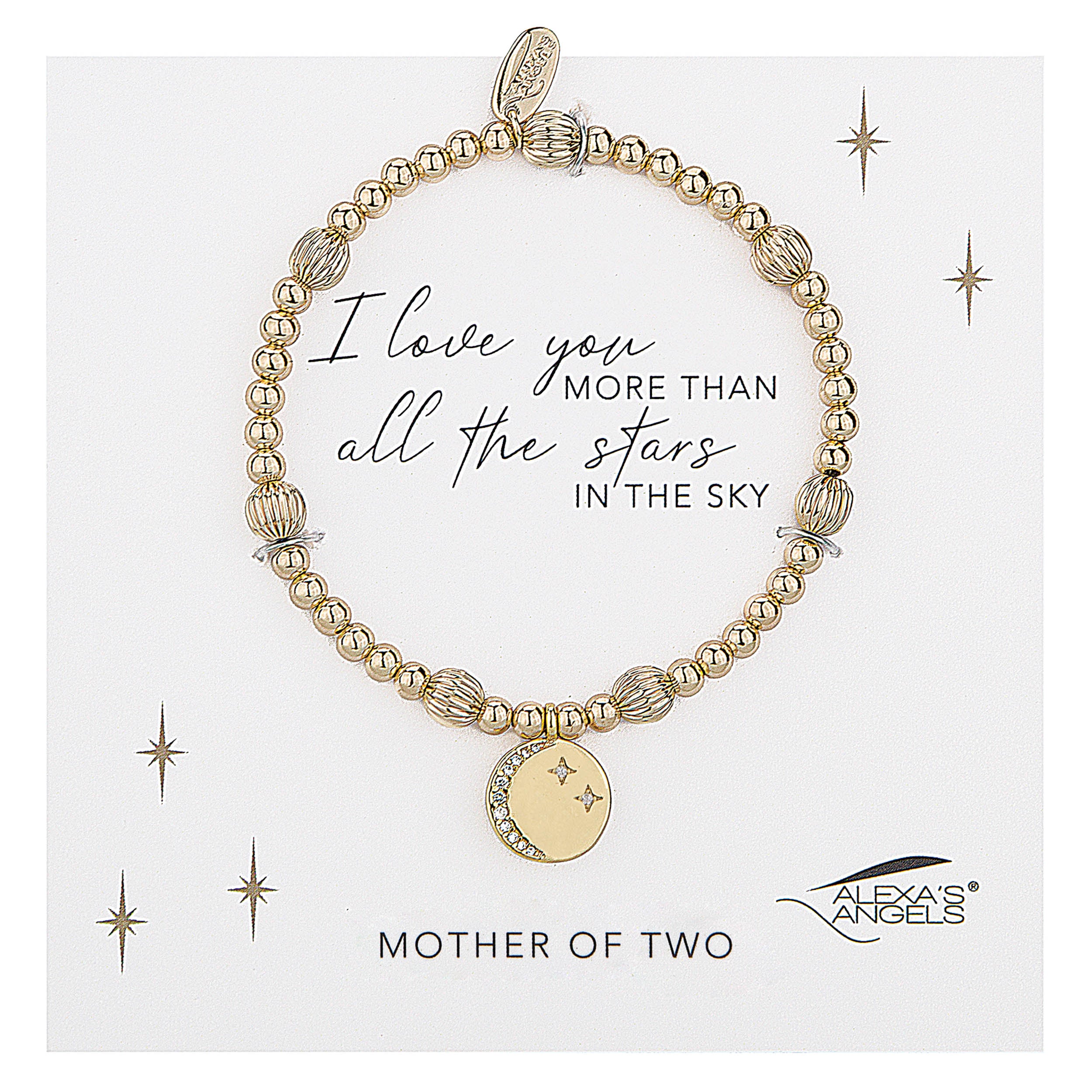Gold bracelet with star charm on a card with text and brand name
