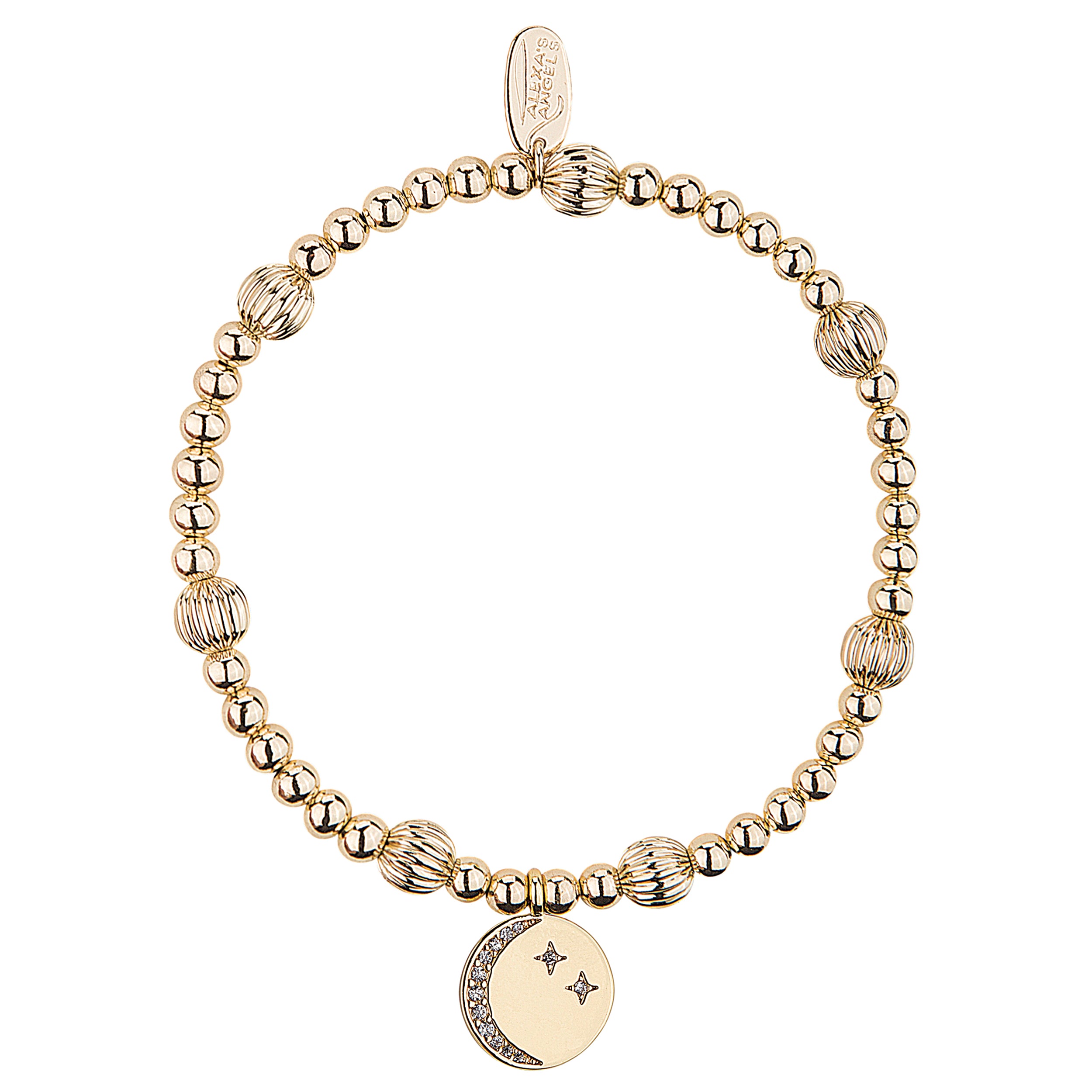 Gold beaded bracelet with a moon and star charm on a white background