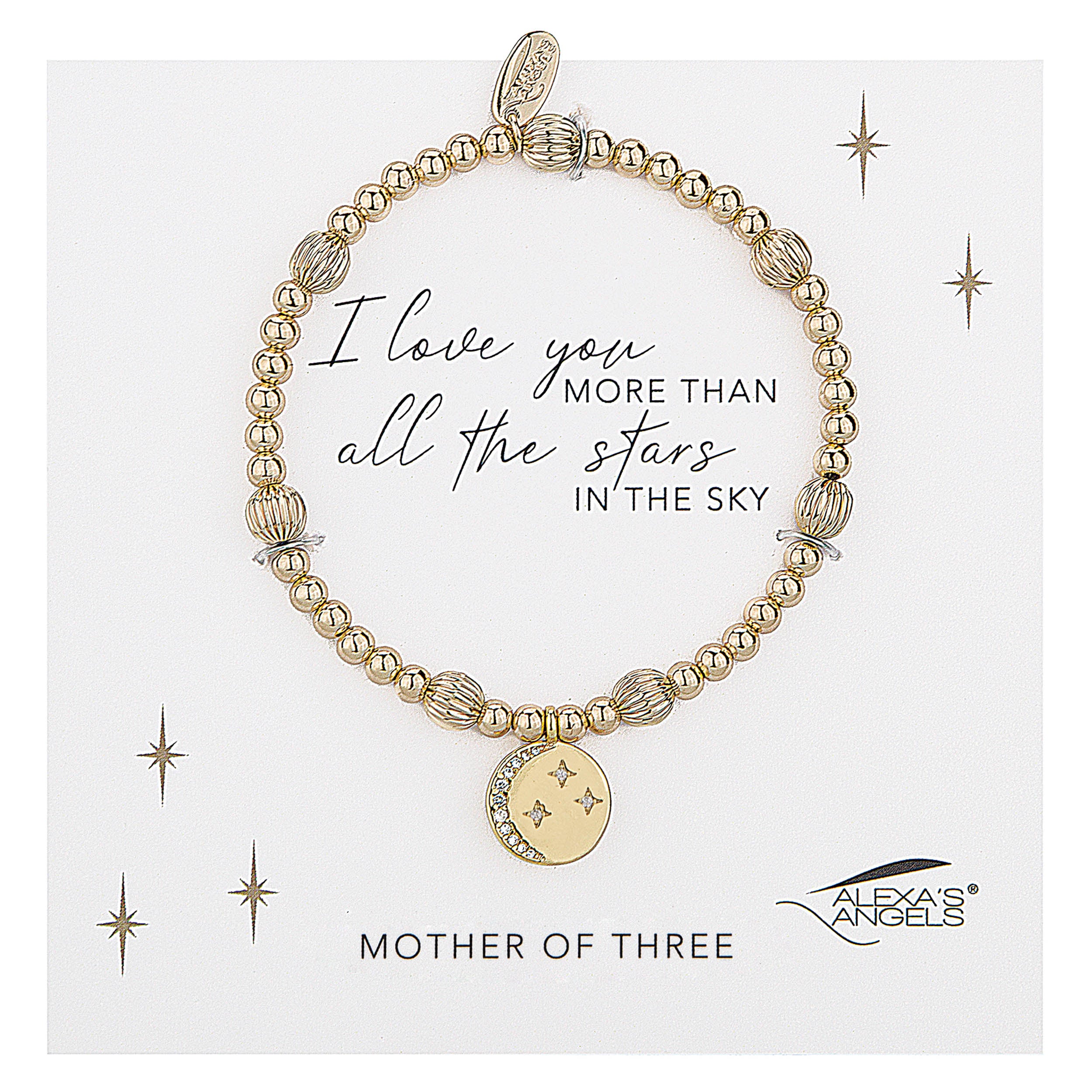 Gold bracelet with star charm on a card with text and brand name