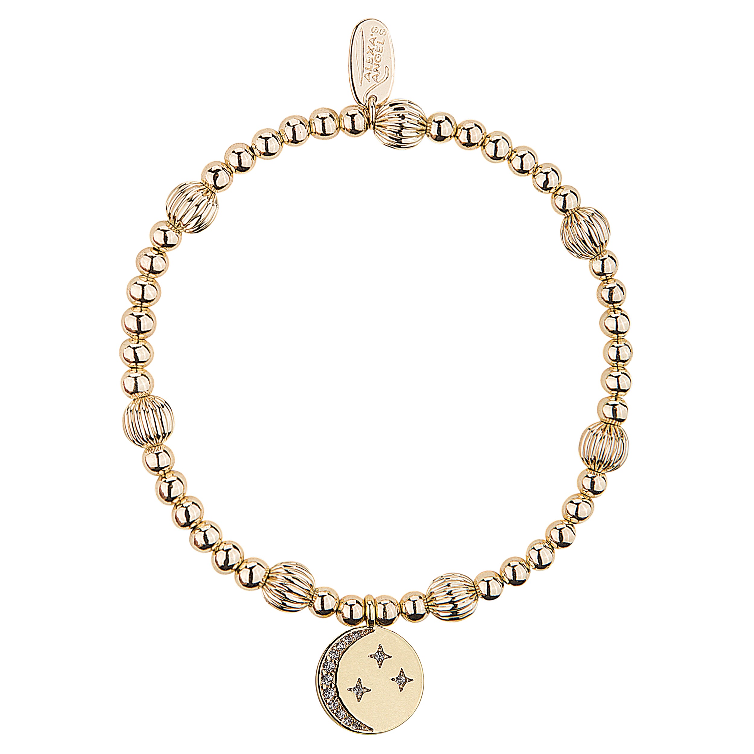Gold beaded bracelet with moon and star charm on a white background