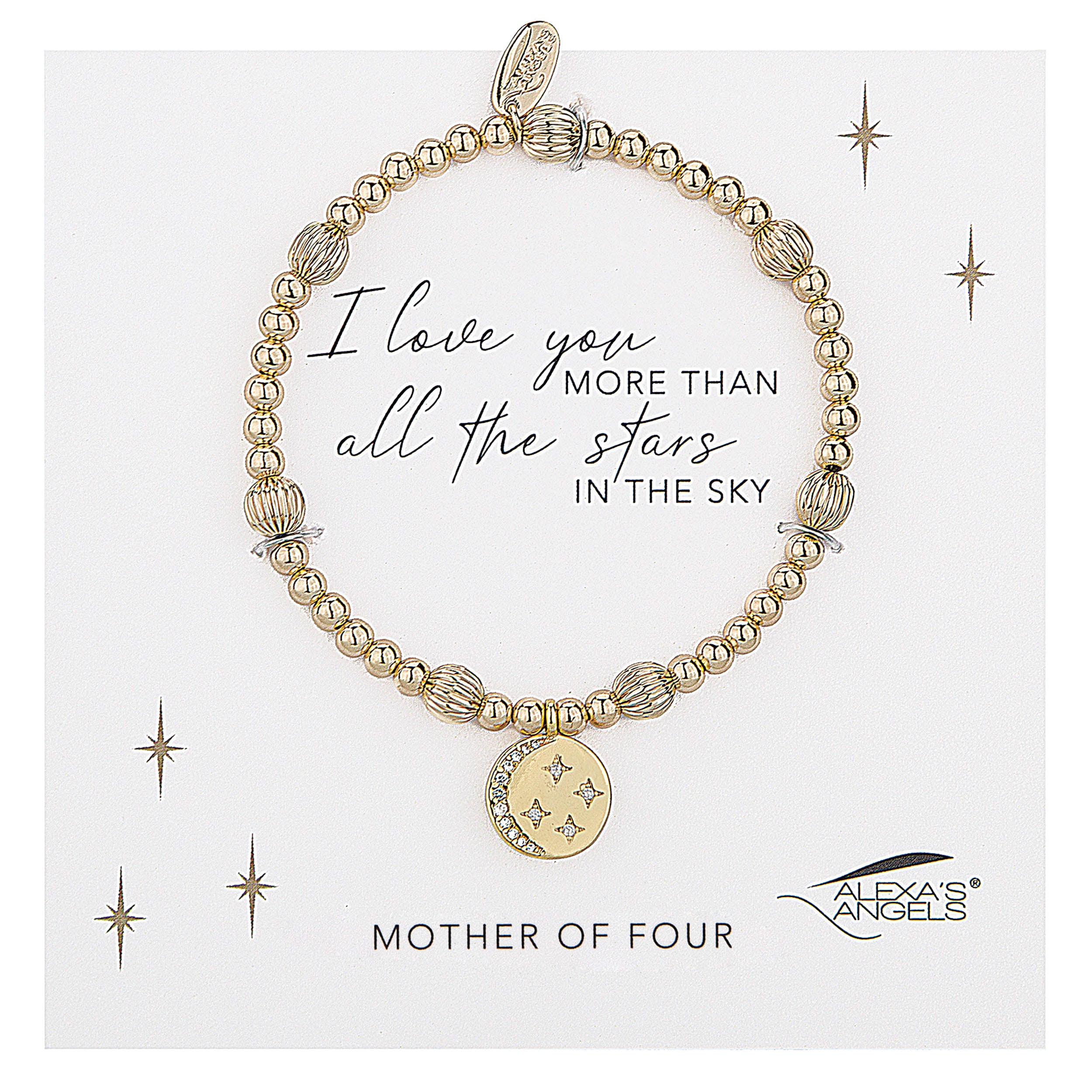 Gold bracelet with star charm on a white card with text and brand name.