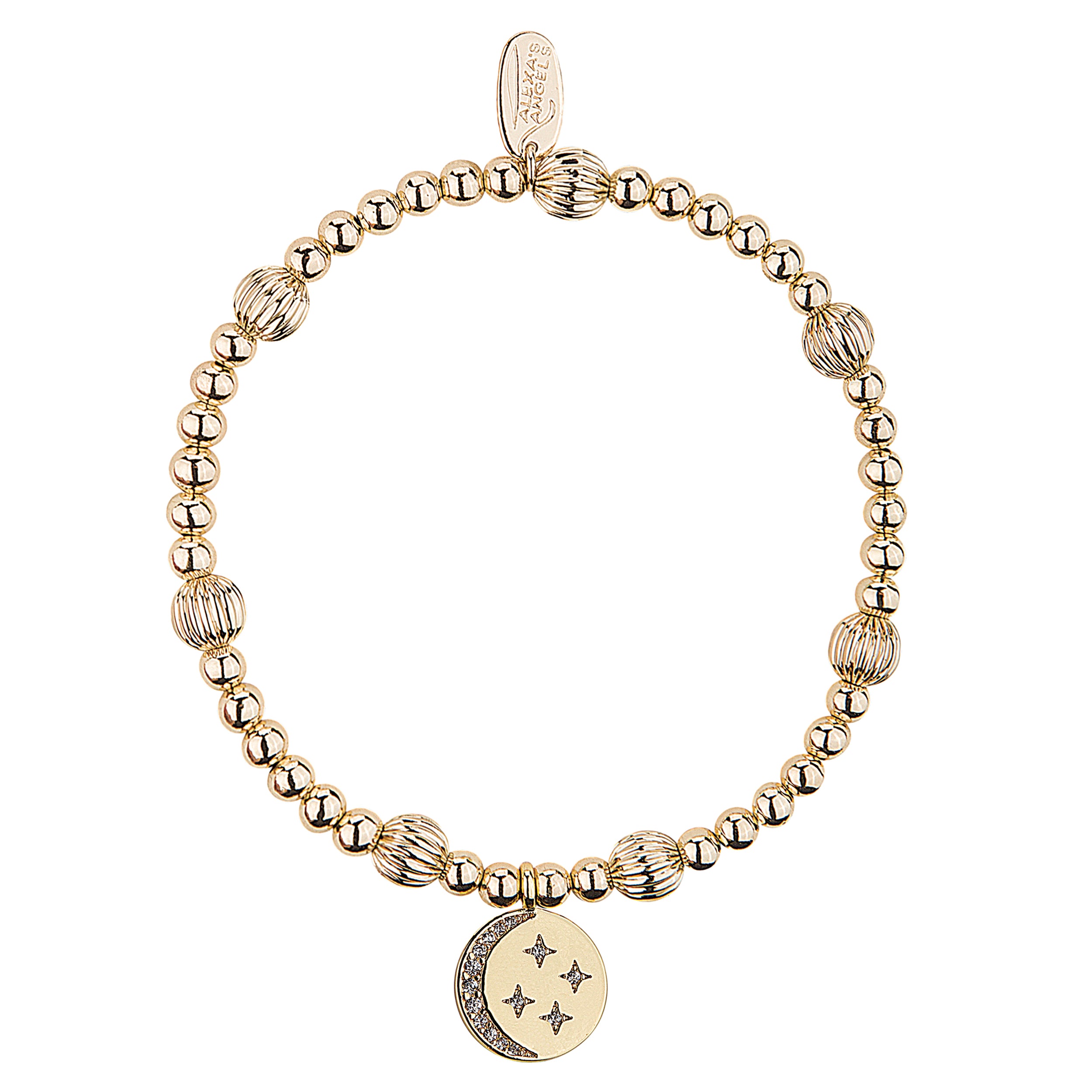 Gold beaded bracelet with a round charm on a white background