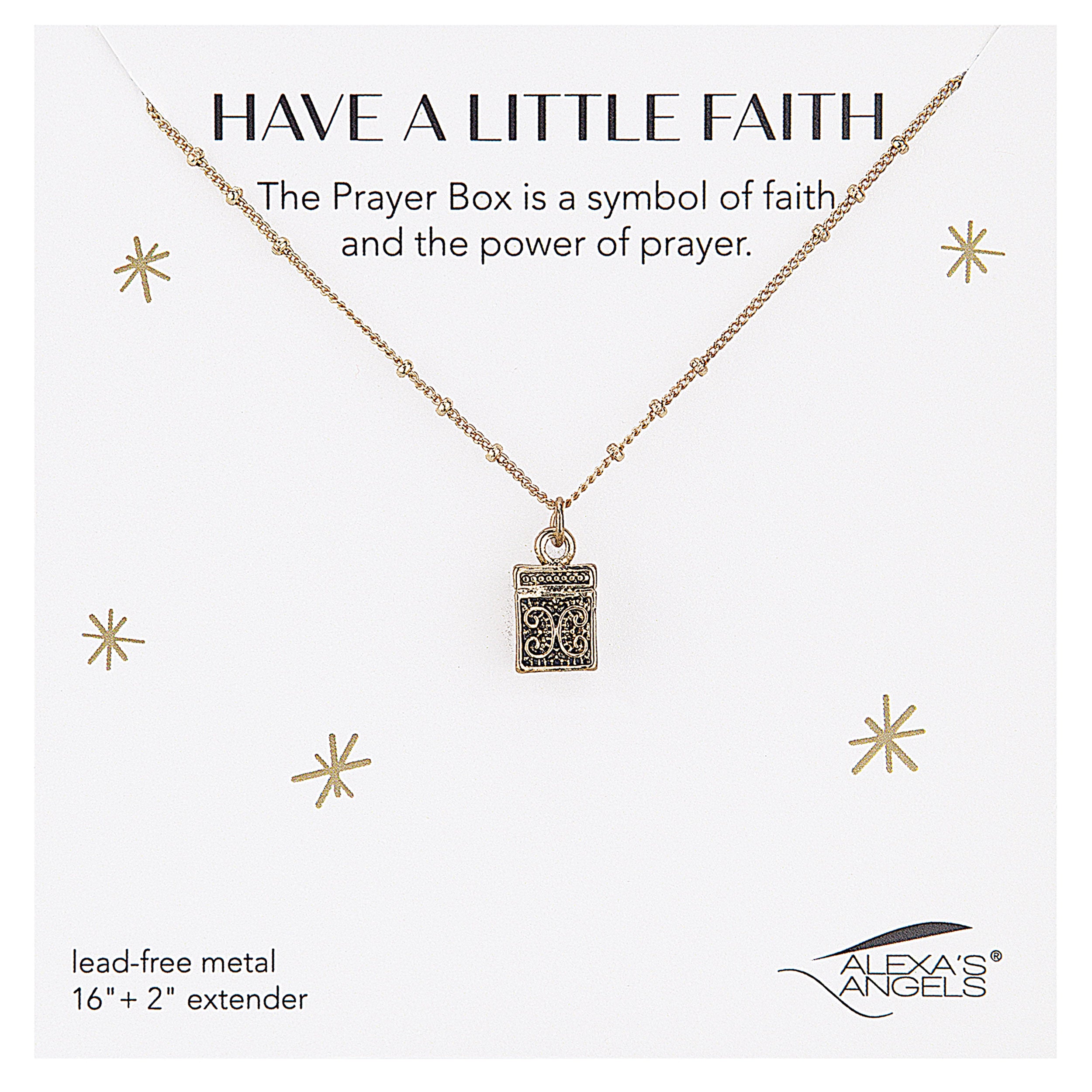 Gold necklace with a prayer box pendant on a white background with text about faith and prayer.