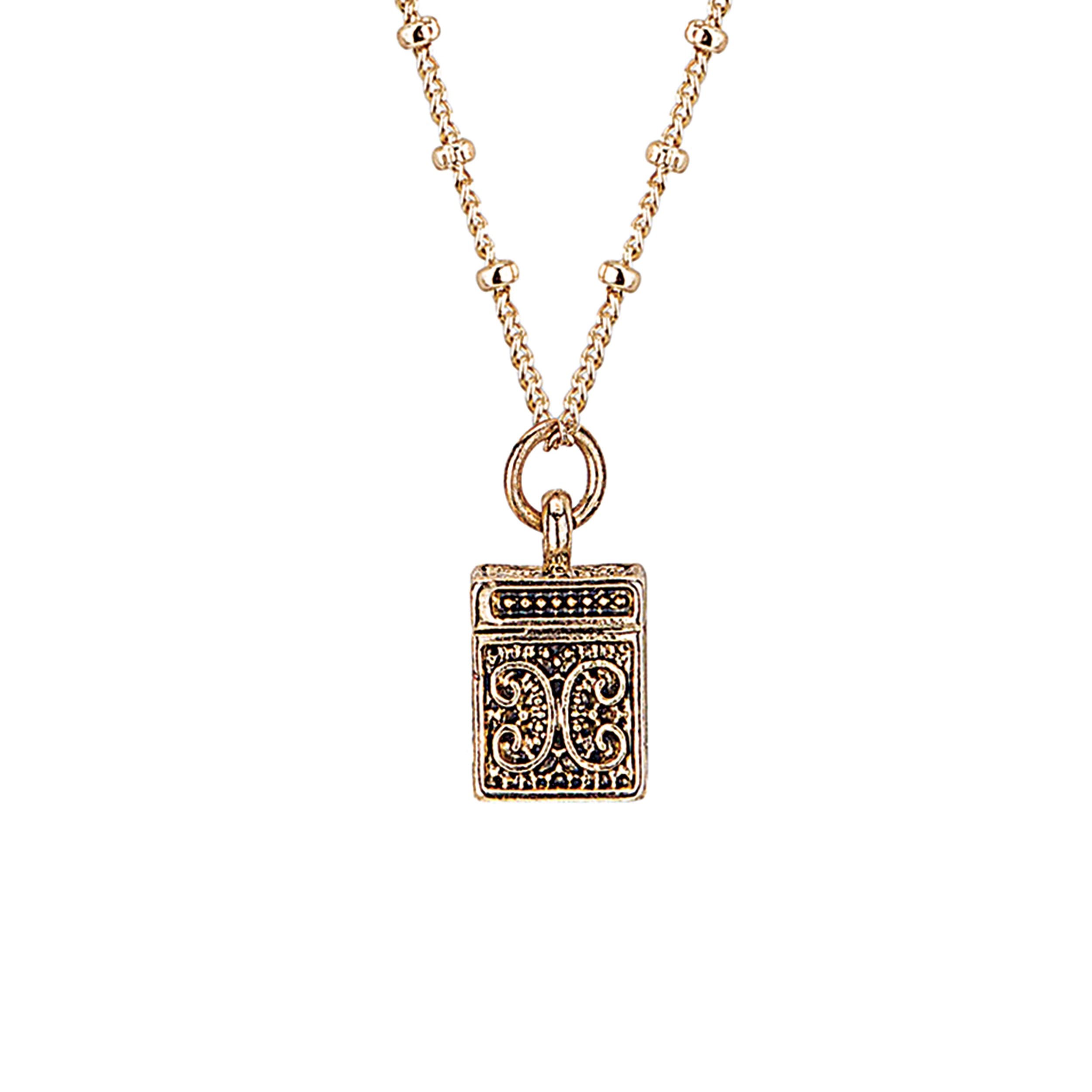 Gold necklace with a intricate pendant on a white background