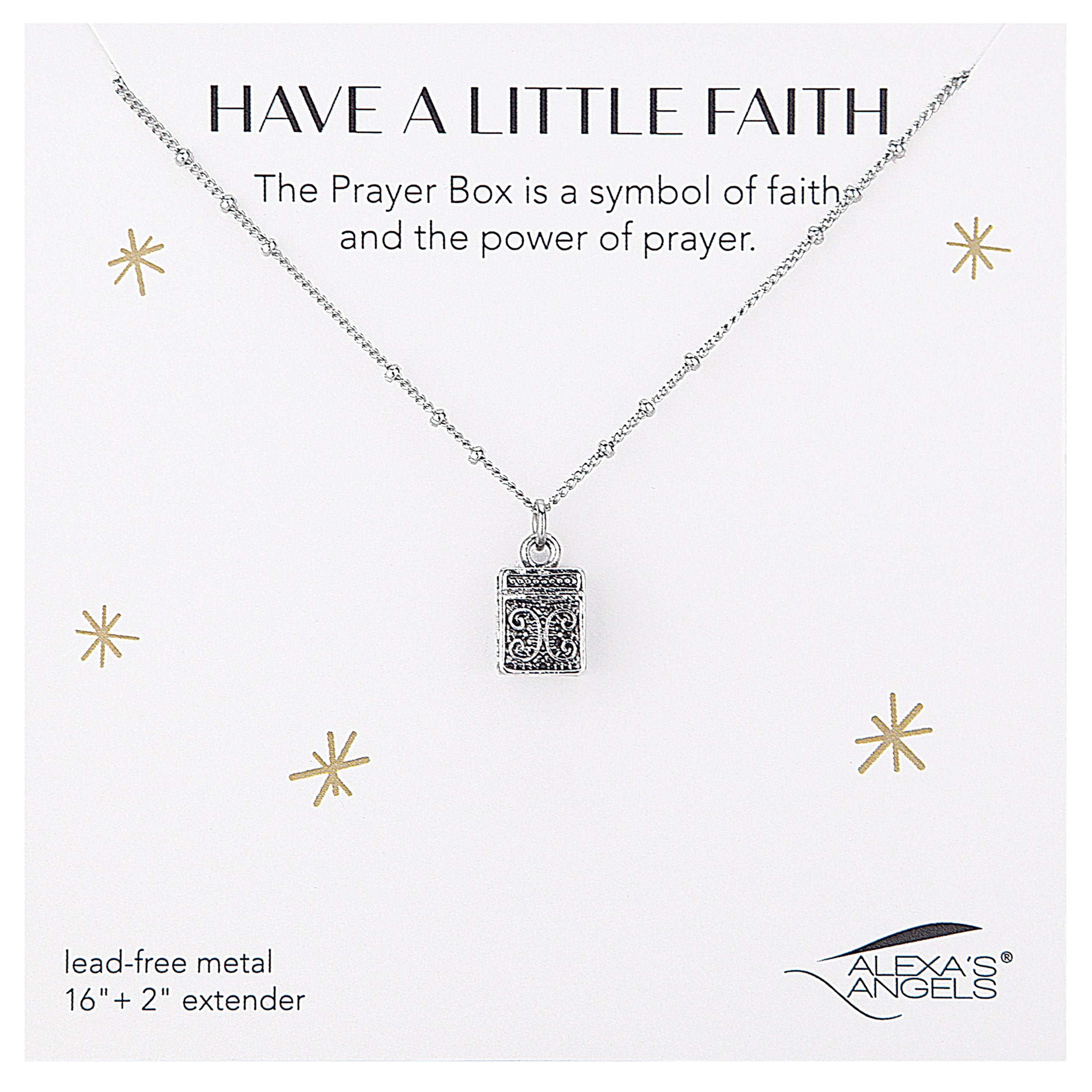 Necklace with a prayer box pendant on a white background with gold stars and Alexa's Angels branding.