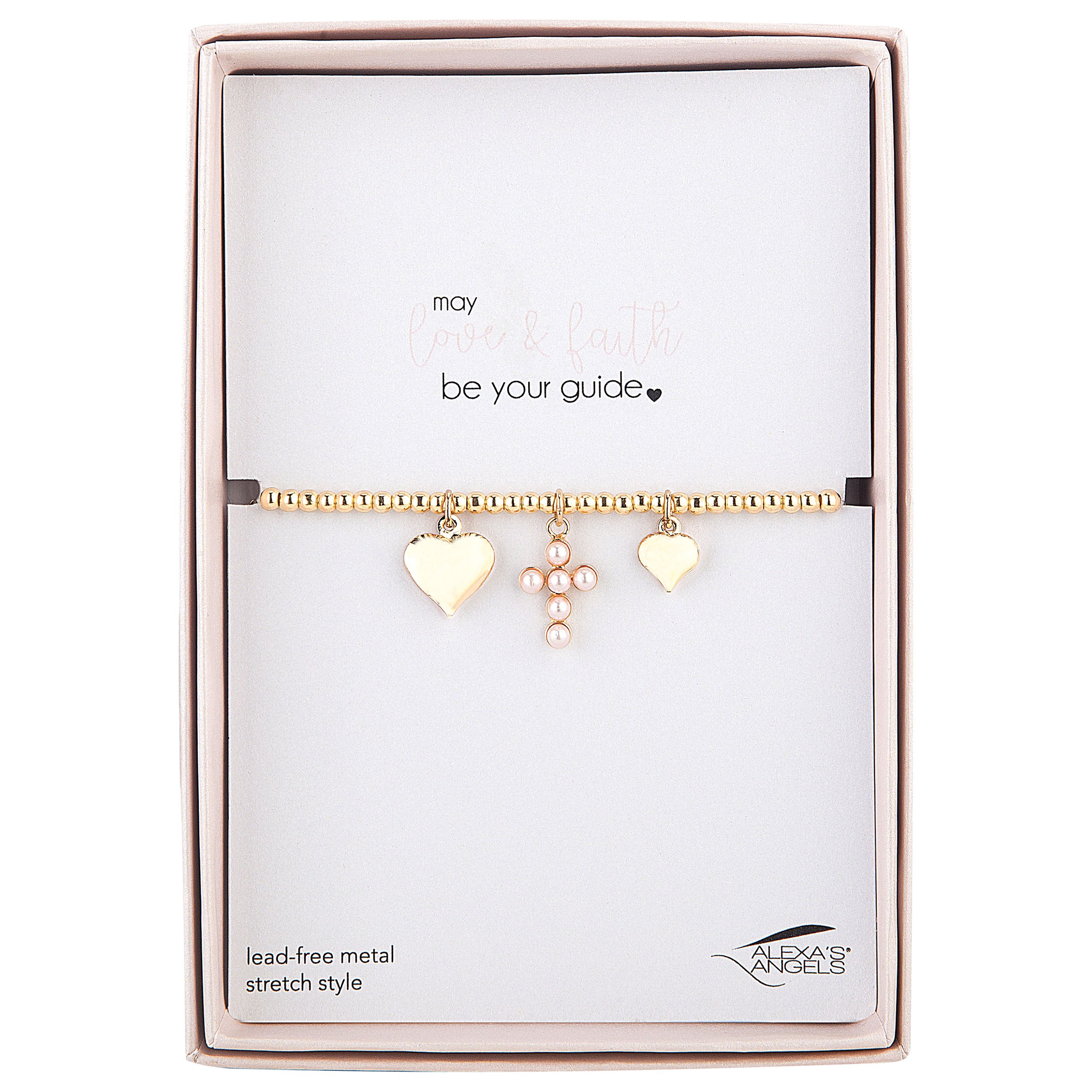 Gold bracelet with heart and cross charms in a box with 'May be your guide' text