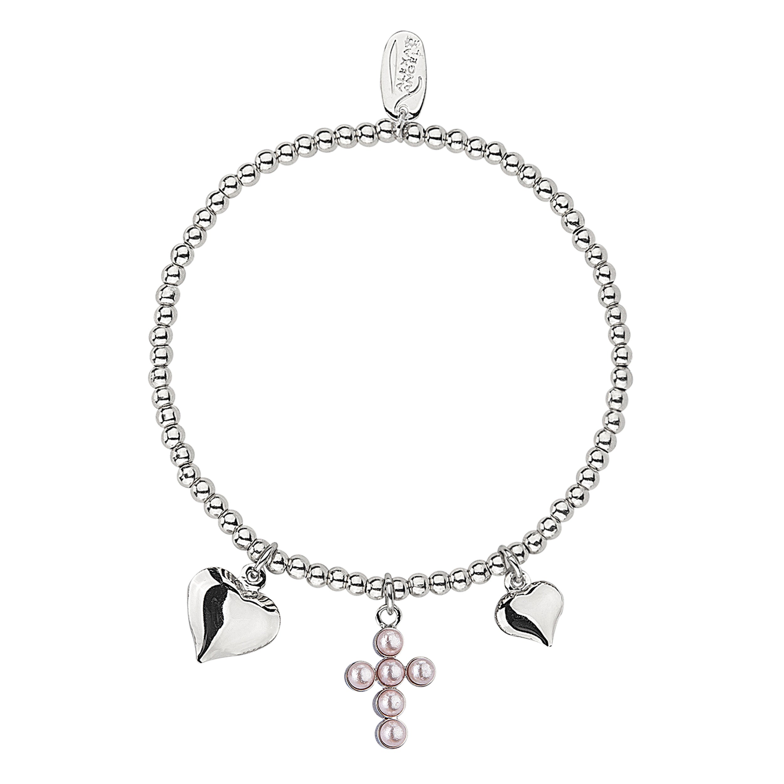 Silver bracelet with heart and cross charms on a white background