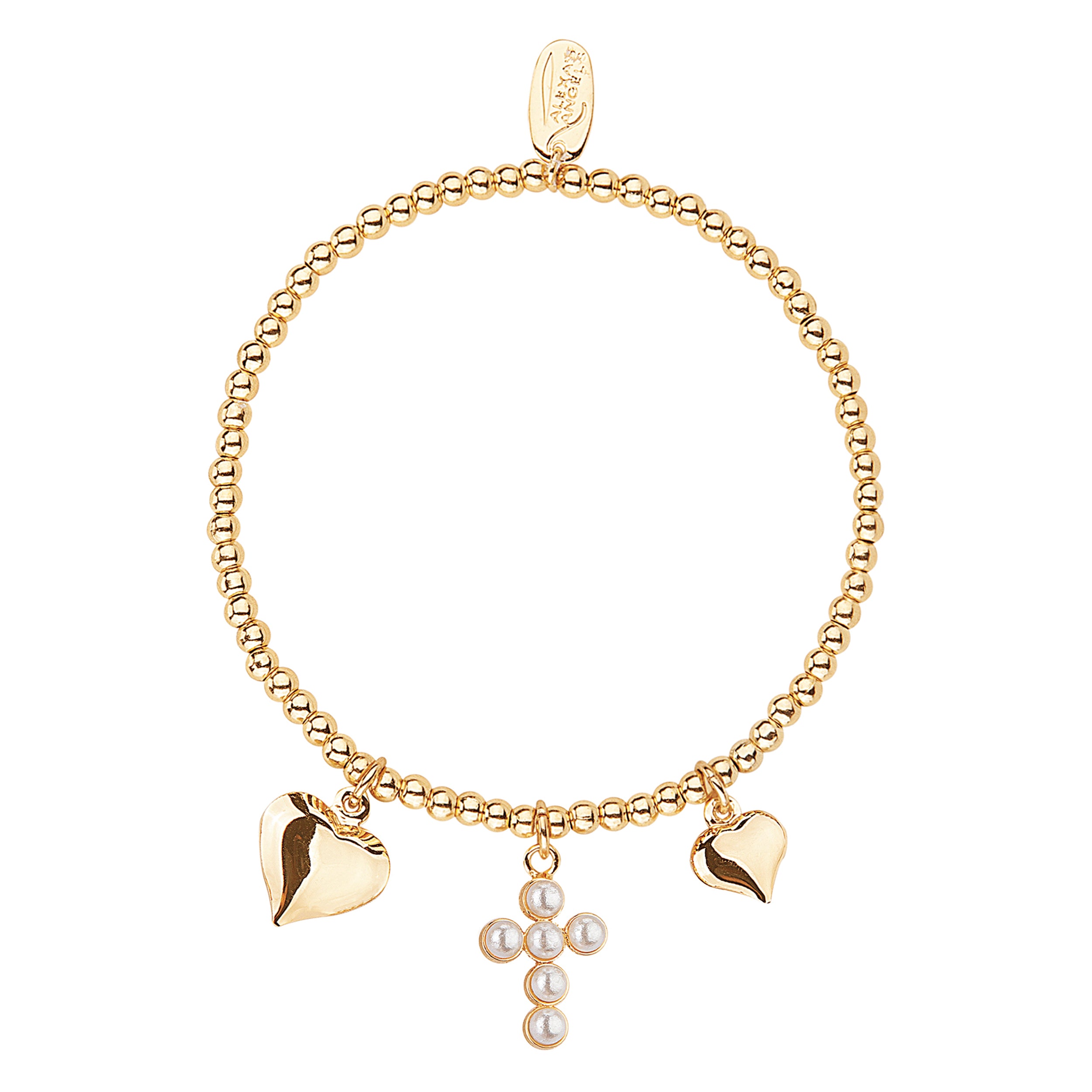 Gold bracelet with heart and cross charms on a white background