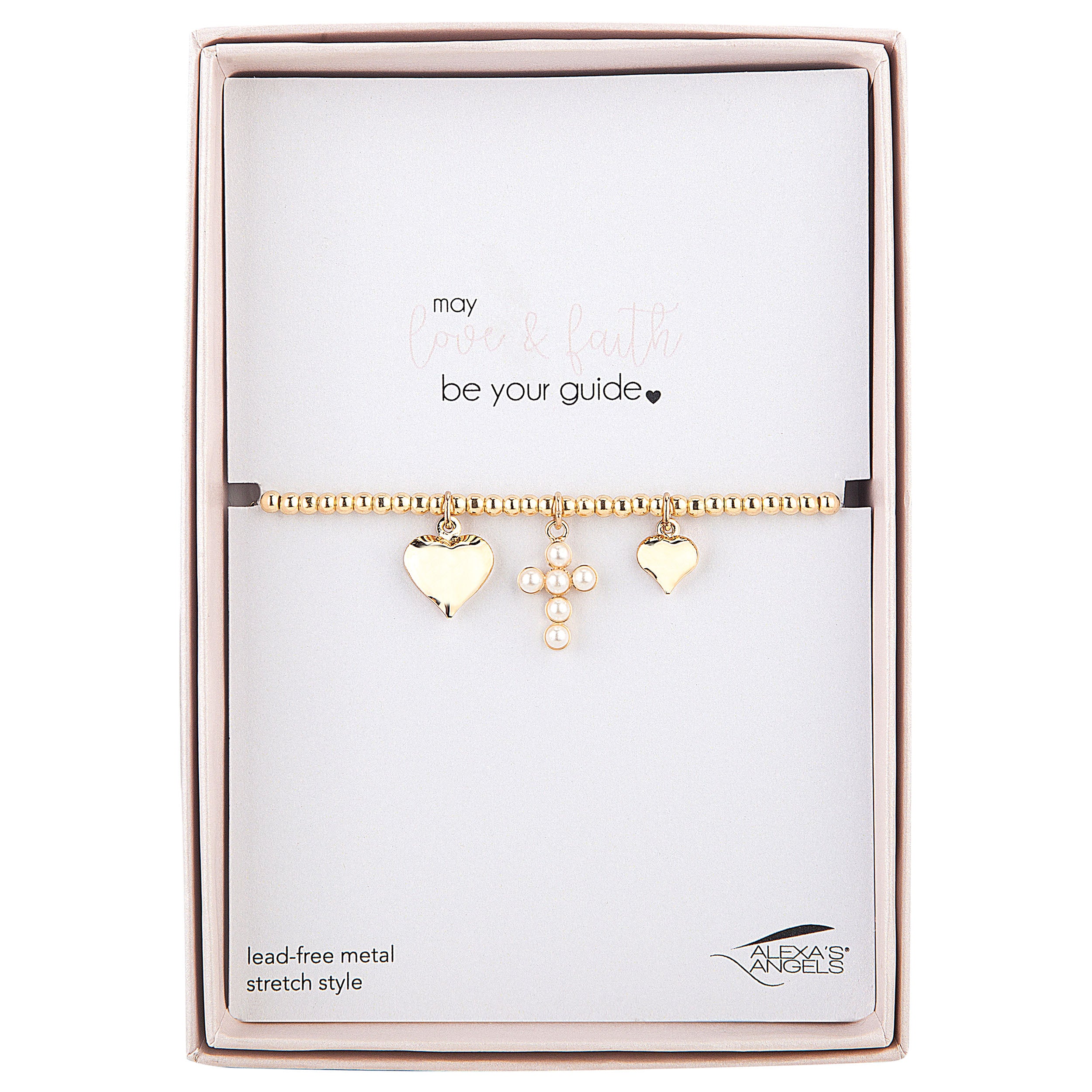 Gold bracelet with heart and cross charms in a box with 'Alexas Angels' branding.