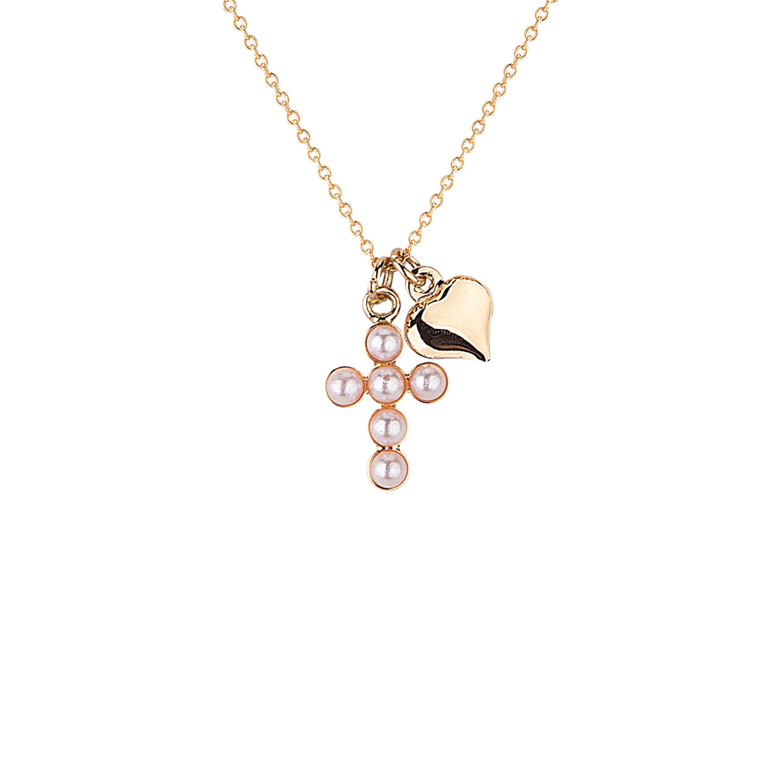Necklace with a cross pendant and heart charm on a white background