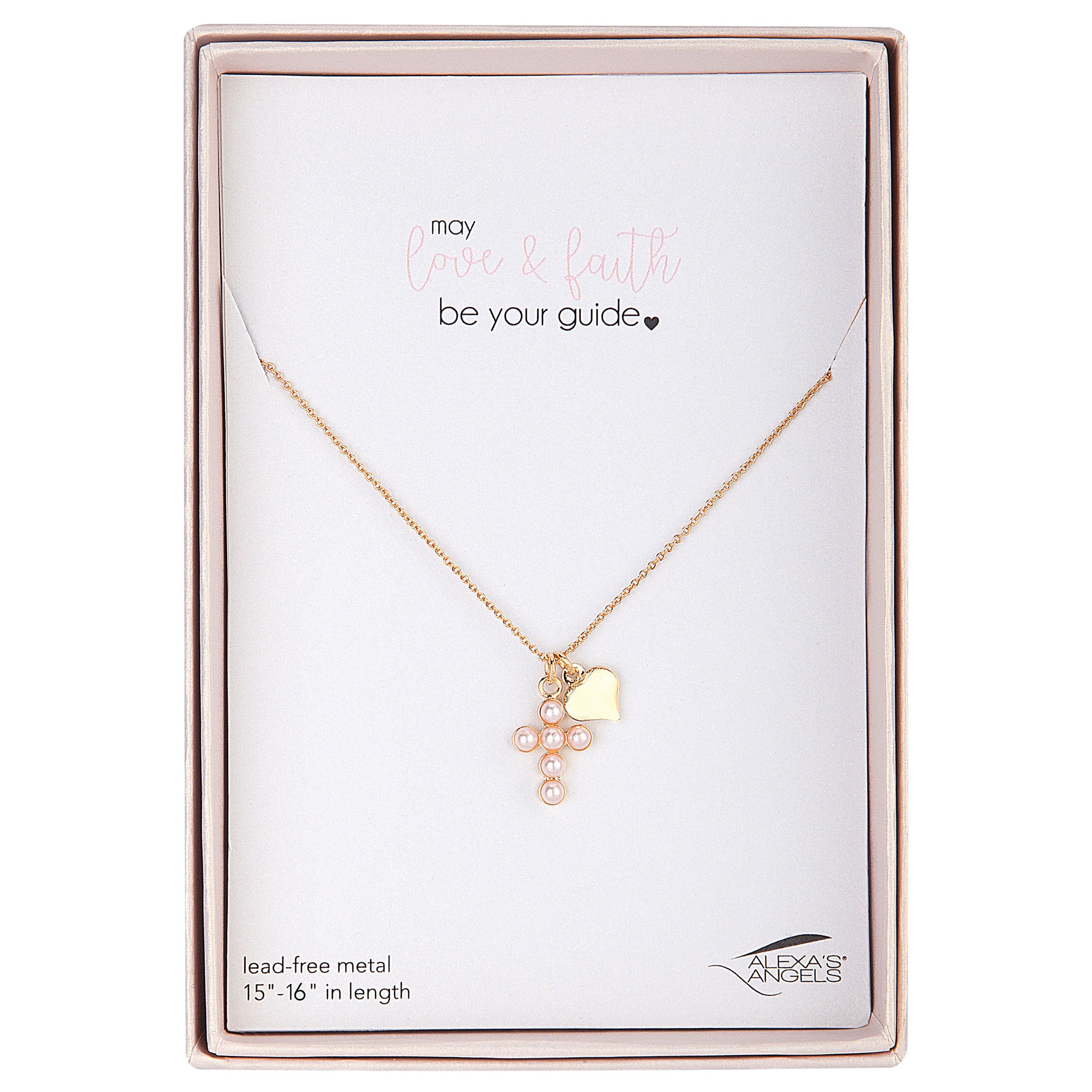 Gold necklace with heart and pearl pendant on a branded card