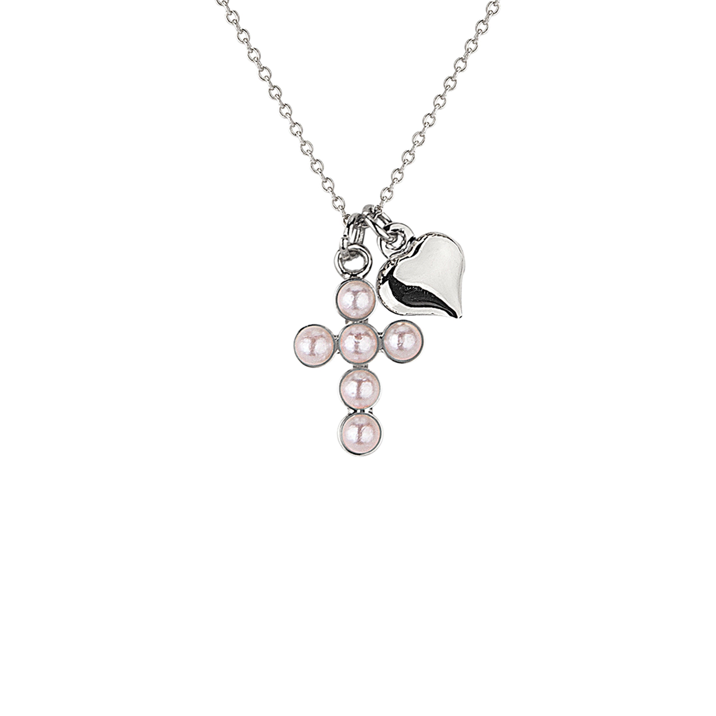 Necklace with a cross pendant featuring pink pearls and a heart charm on a white background