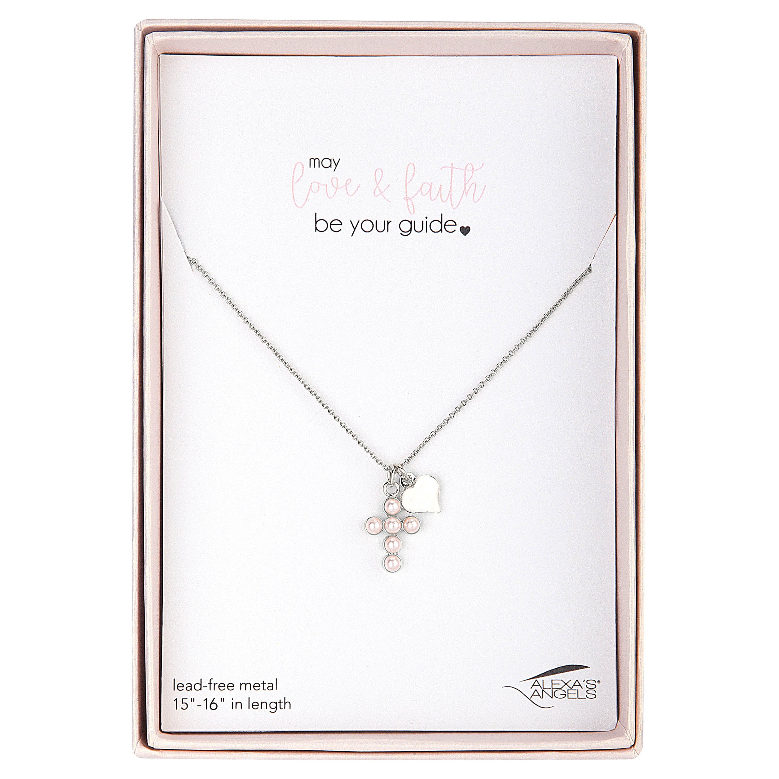 Necklace with a heart and pearl design on a branded card, with 'Alexa's Angels' branding.