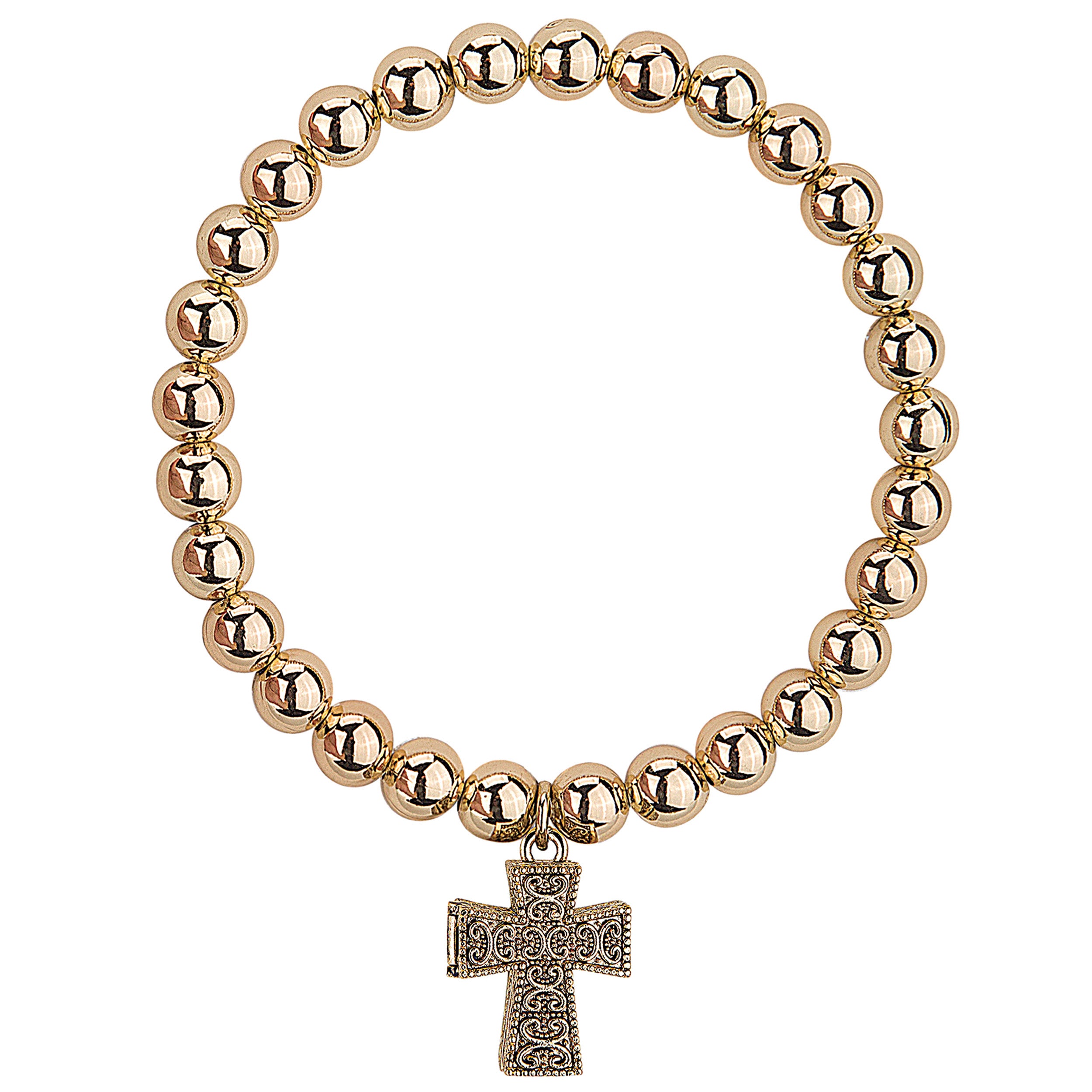 Gold beaded bracelet with a cross charm on a white background