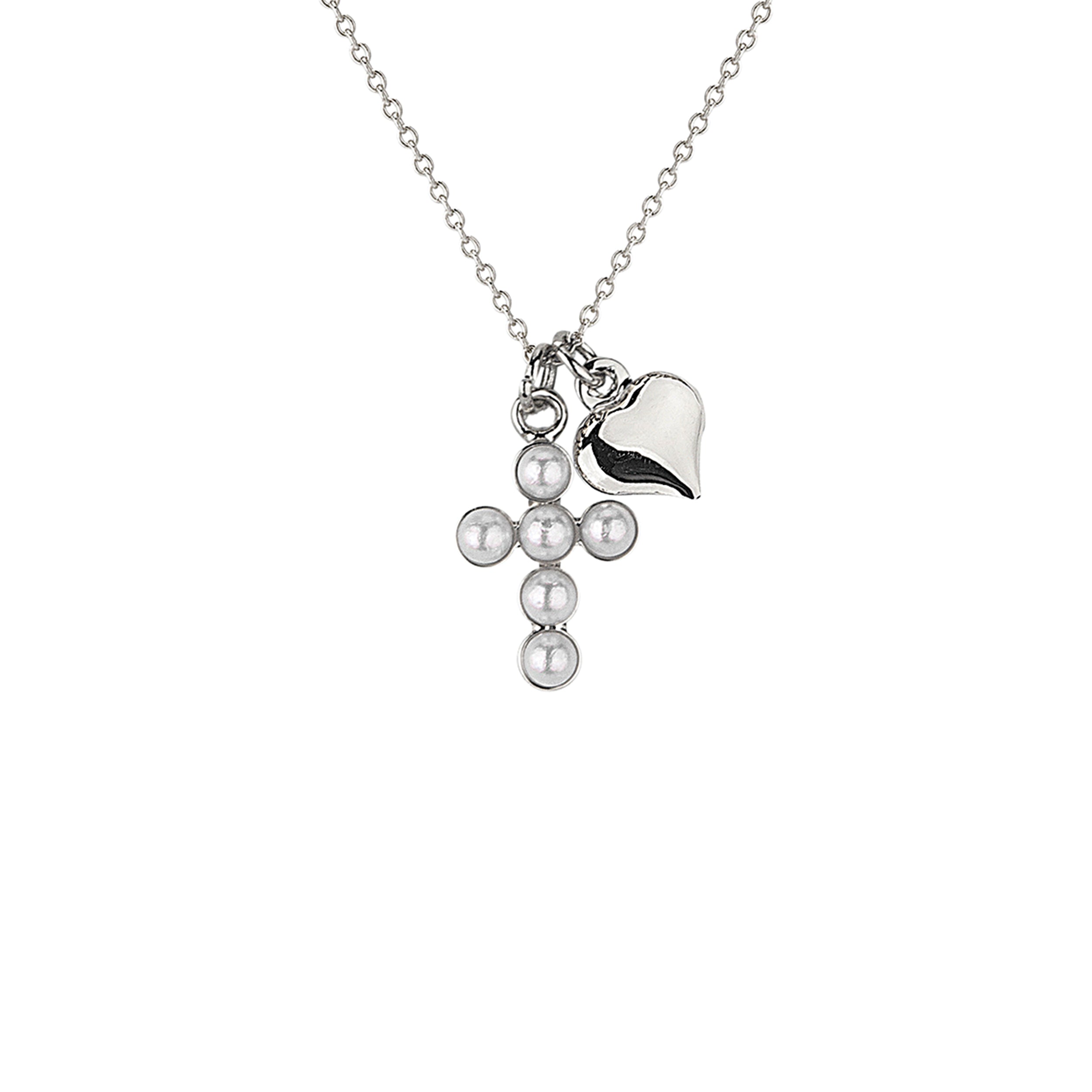 Silver necklace with a cross pendant and heart charm on a white background