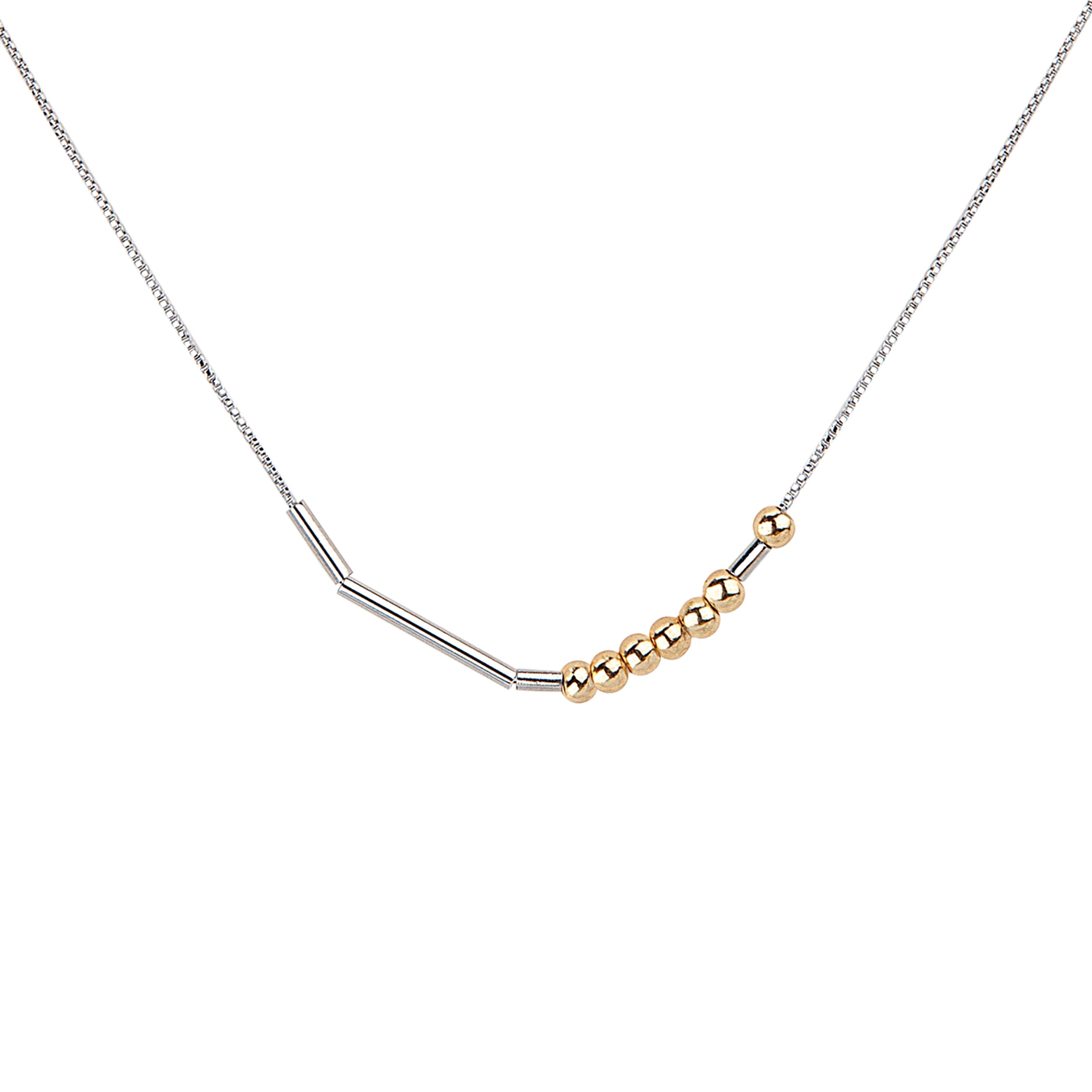 Necklace with a silver bar and gold beads on a white background