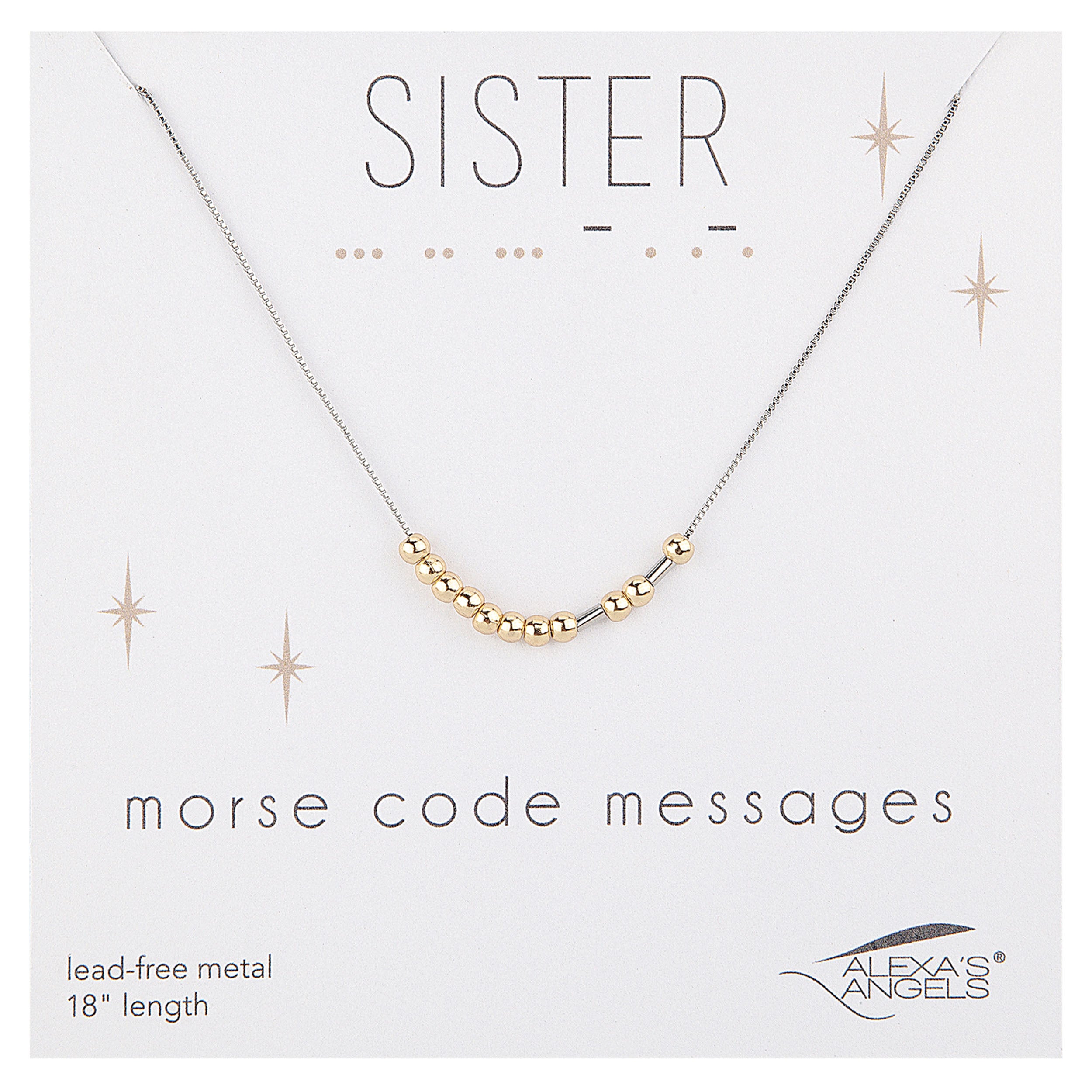 Necklace with gold and silver beads on a white card with 'Sister' and 'morse code messages' text.