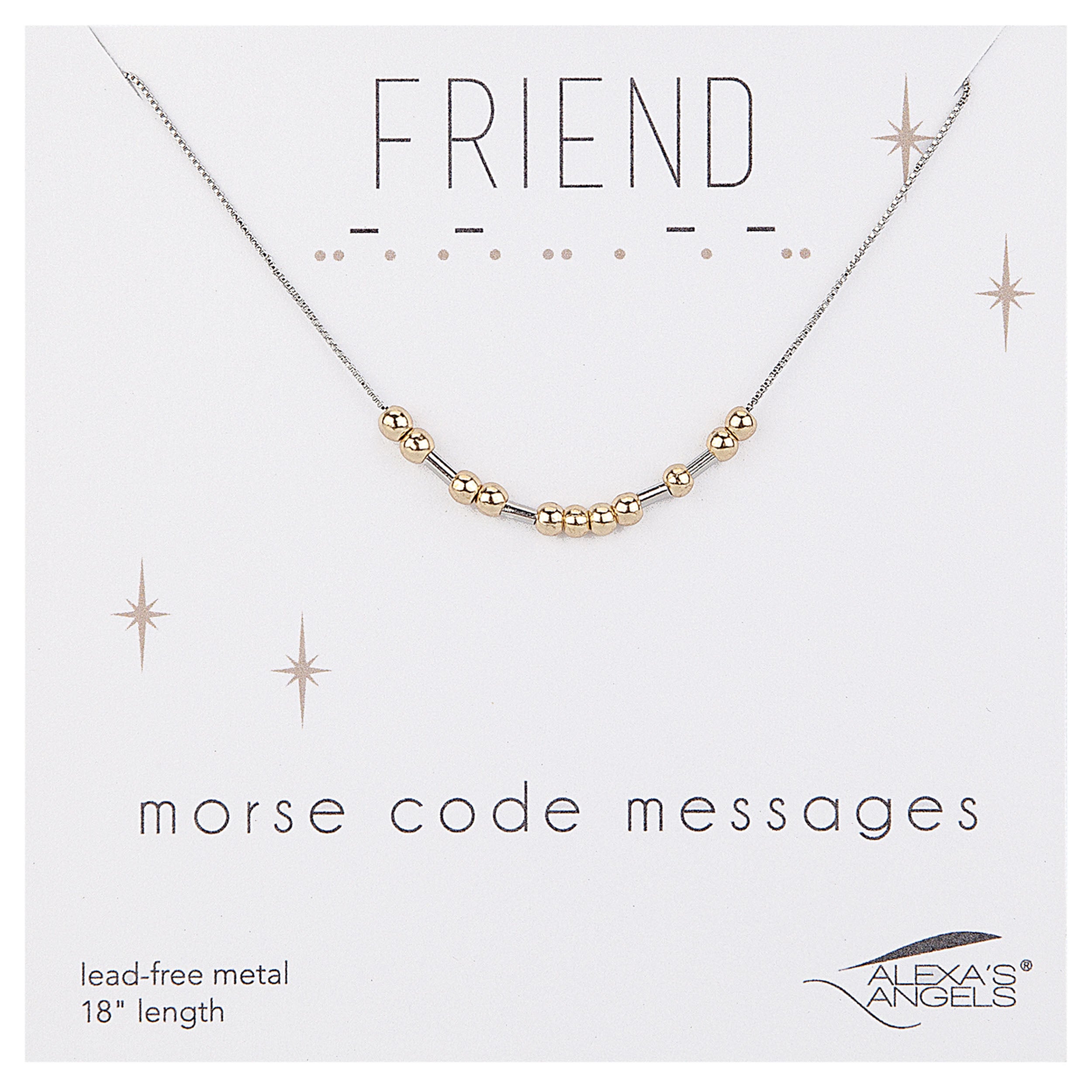 Necklace with gold and silver beads on a white card with 'Friend' and 'morse code messages' text.