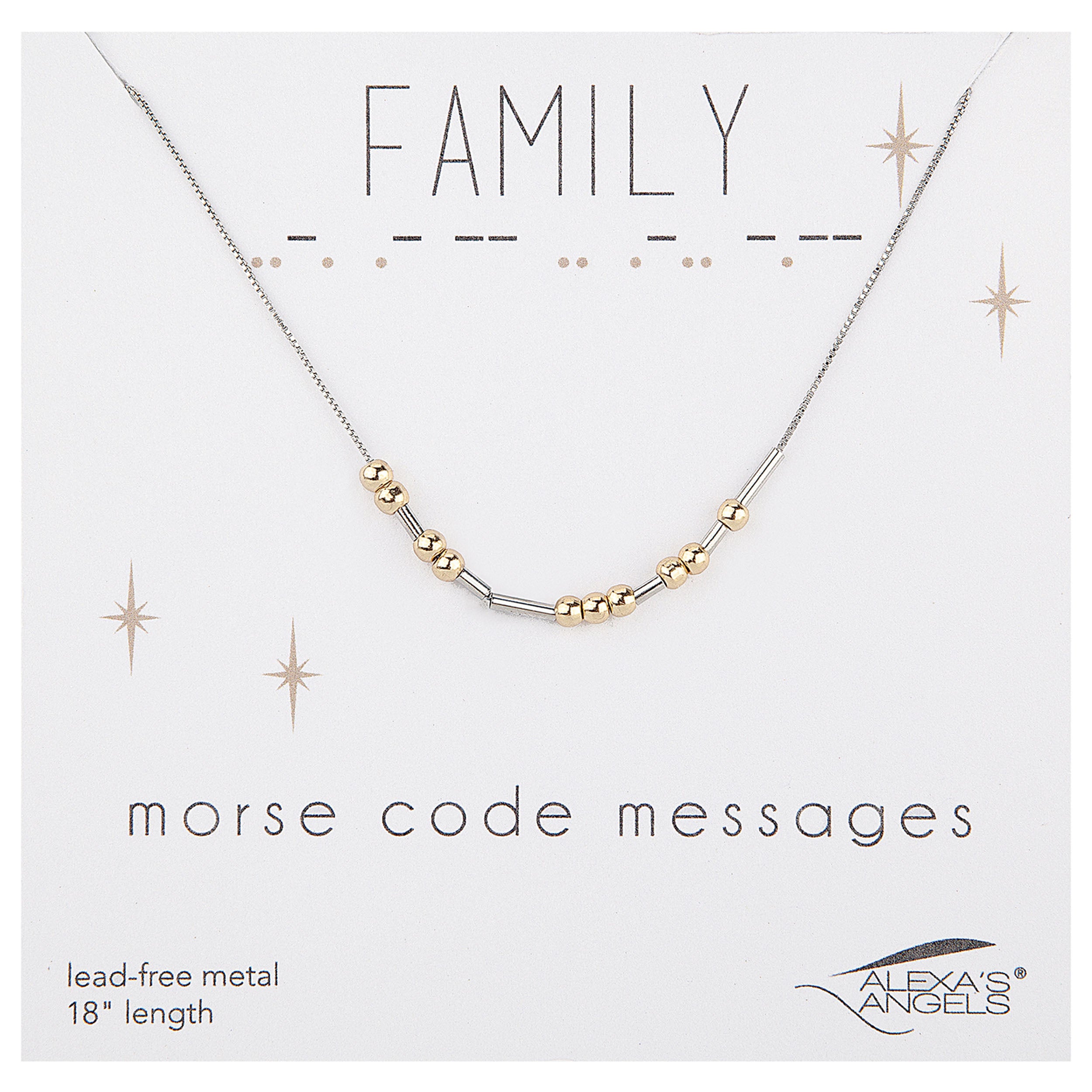 Necklace with gold and silver beads on a white card with 'Family Morse Code Messages' text, Alexa's Angels logo.