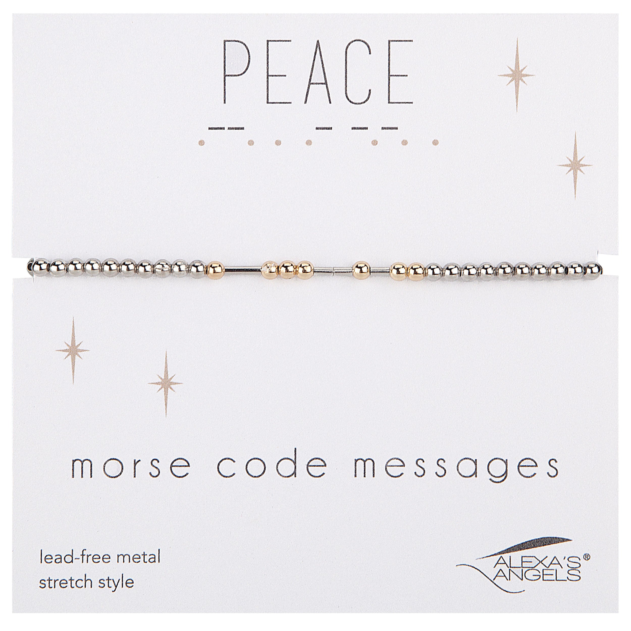 Bracelet with 'PEACE' in Morse code on a white background, featuring the brand 'Alexas angels'.