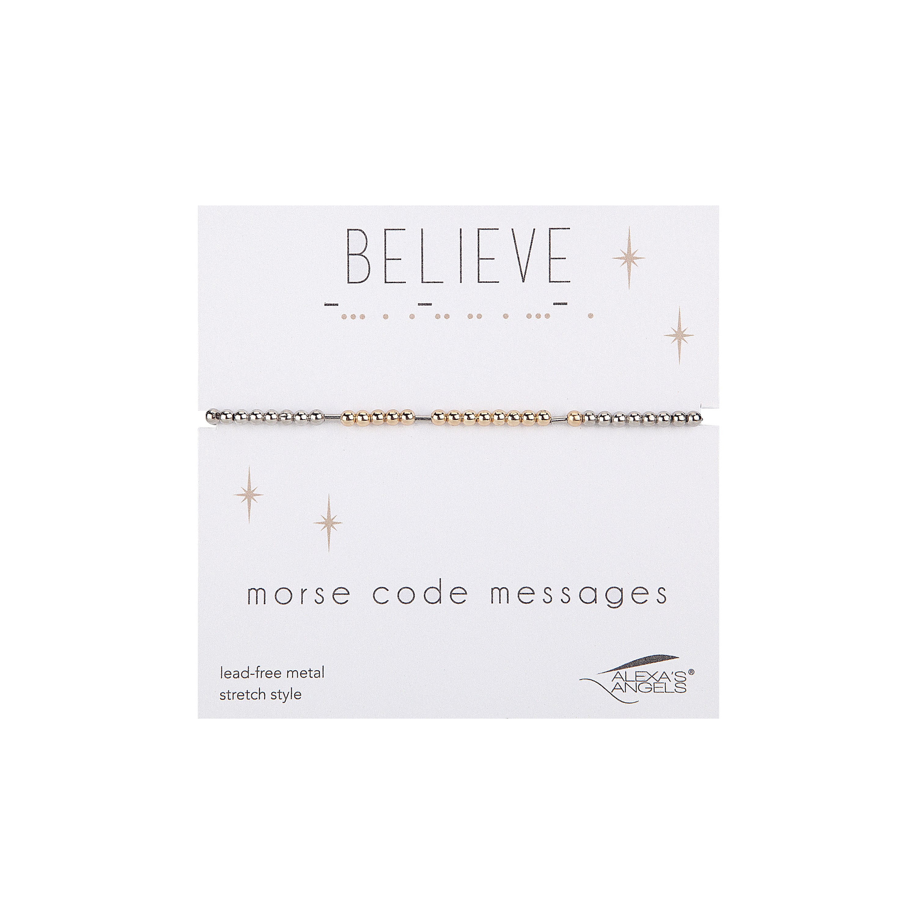 Necklace packaging with 'BELIEVE' message and Alexa's Angels branding on a white background